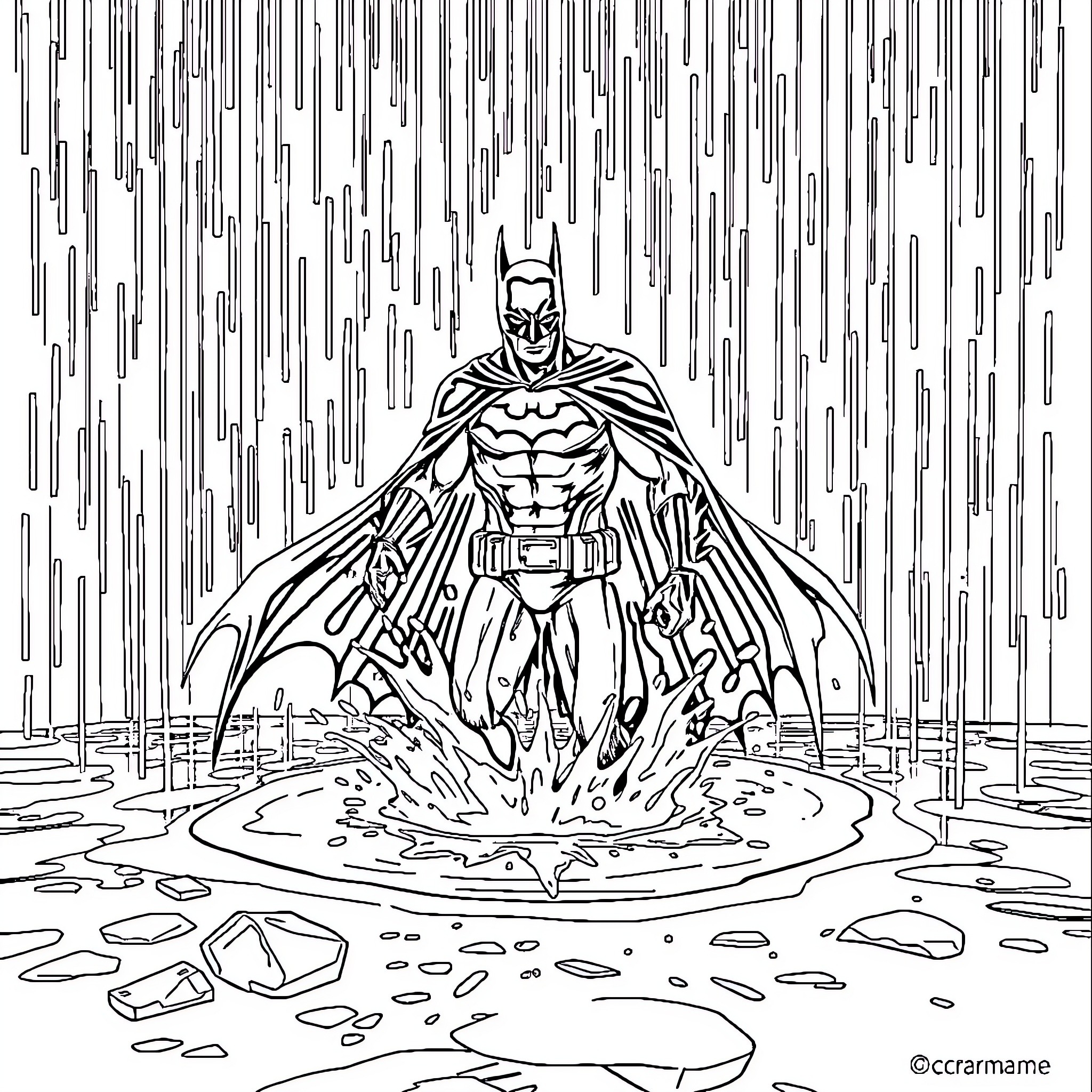 Batman Unleashing His Power in the Storm Coloring Page (free black-and-white line drawing printable PDF for all, from beginners to advanced learners, including children, teens, adults, and seniors)