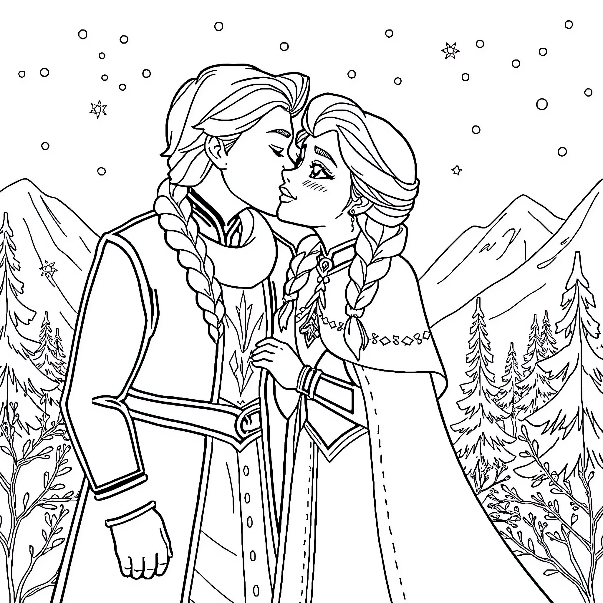 Elsa and Anna's Snowy Adventure Coloring Page (free black-and-white line drawing printable PDF for all, from beginners to advanced learners, including children, teens, adults, and seniors)