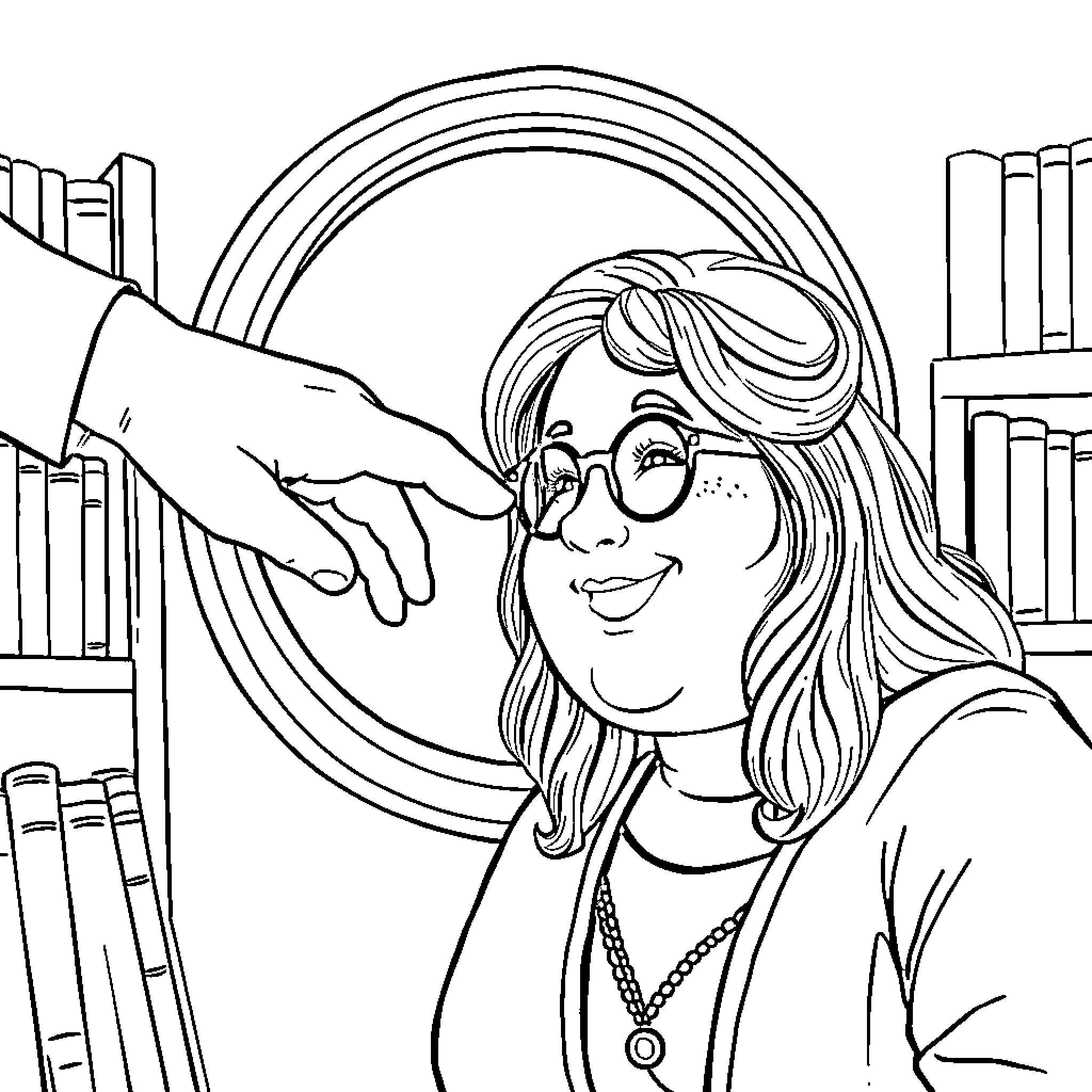 Librarian Assisting with Book Selection Coloring Page (free black-and-white line drawing printable PDF for all, from beginners to advanced learners, including children, teens, adults, and seniors)