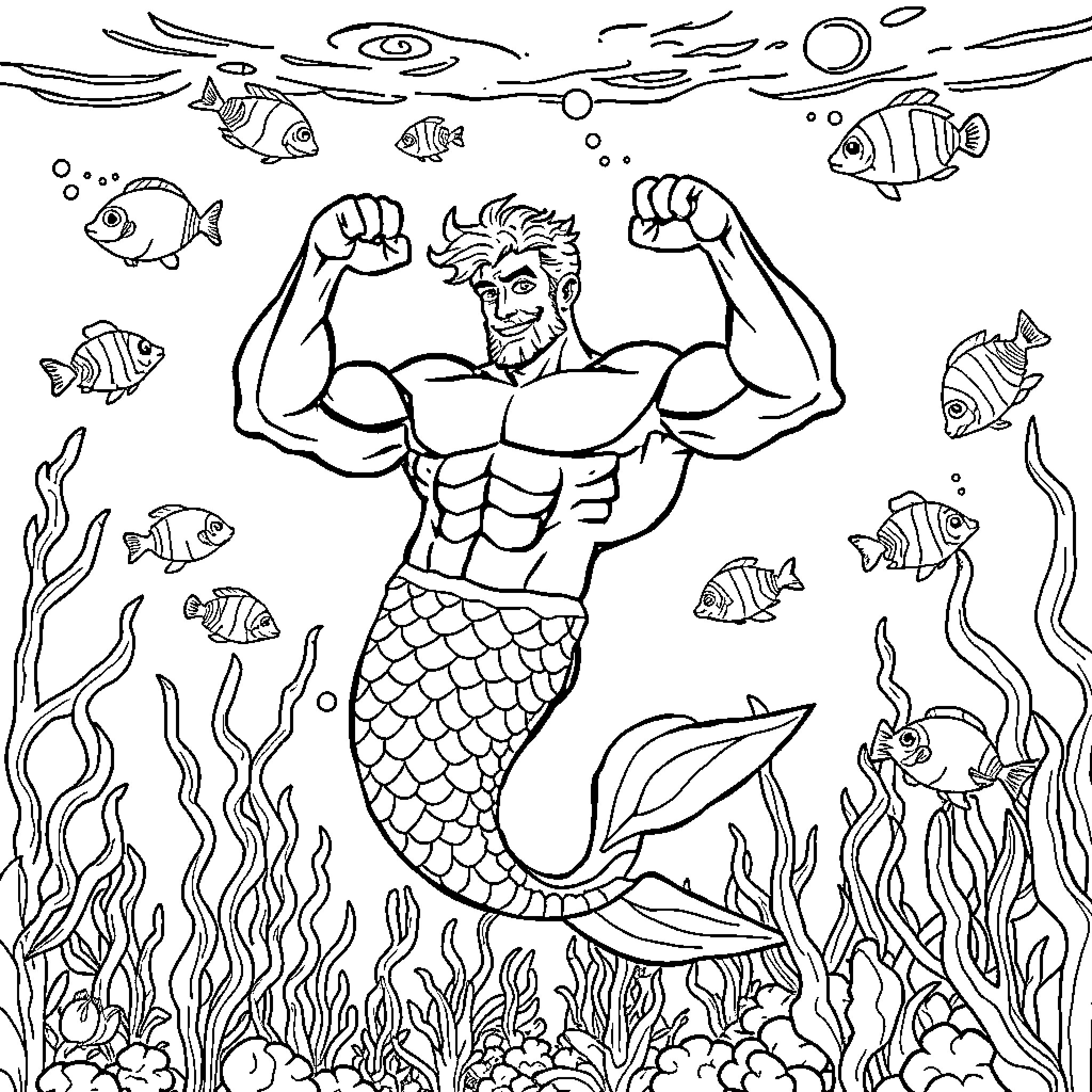 Merman flexing his muscles in the underwater scene Coloring Page (free black-and-white line drawing printable PDF for all, from beginners to advanced learners, including children, teens, adults, and seniors)