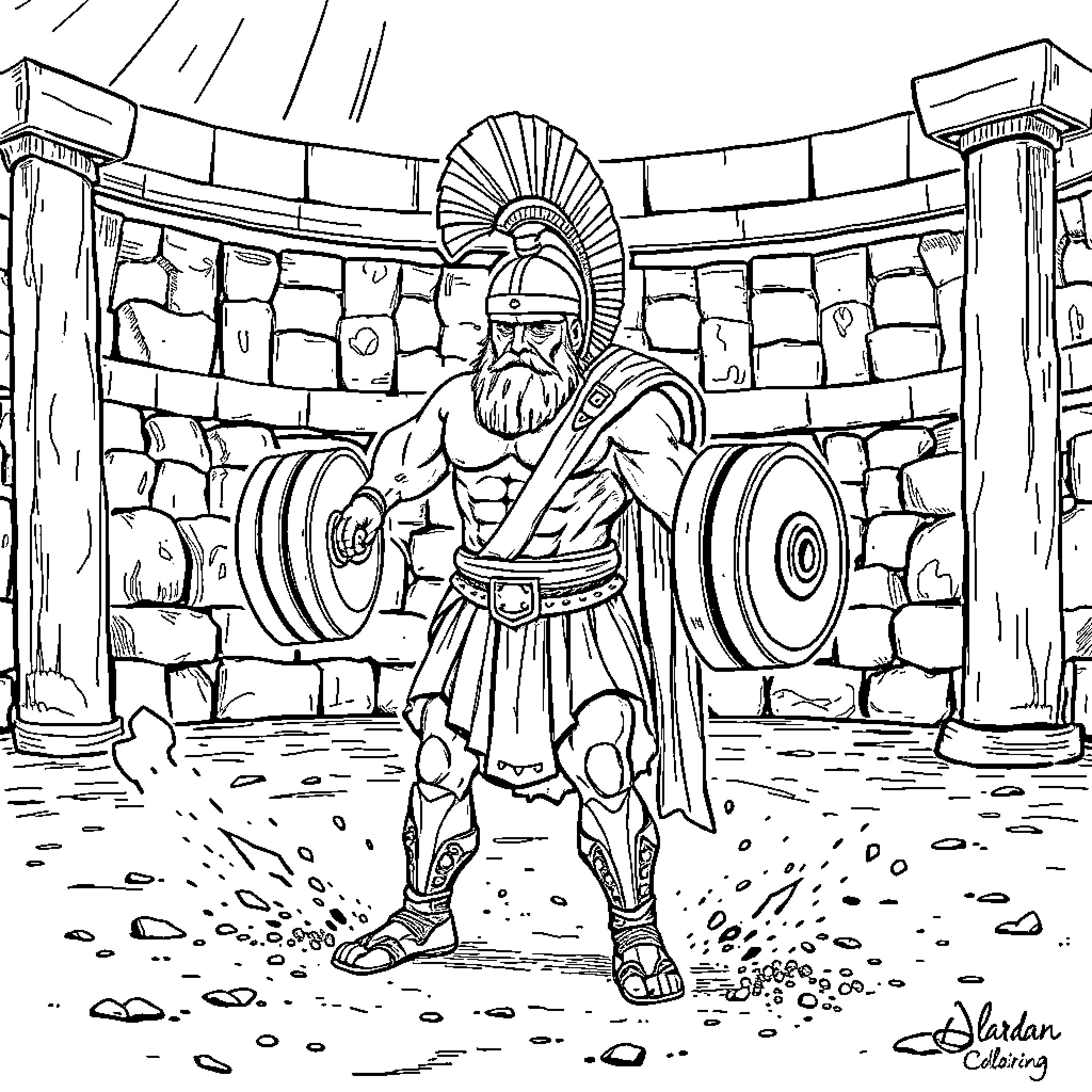 Gladiator Standing Confidently in the Colosseum Coloring Page (free black-and-white line drawing printable PDF for all, from beginners to advanced learners, including children, teens, adults, and seniors)