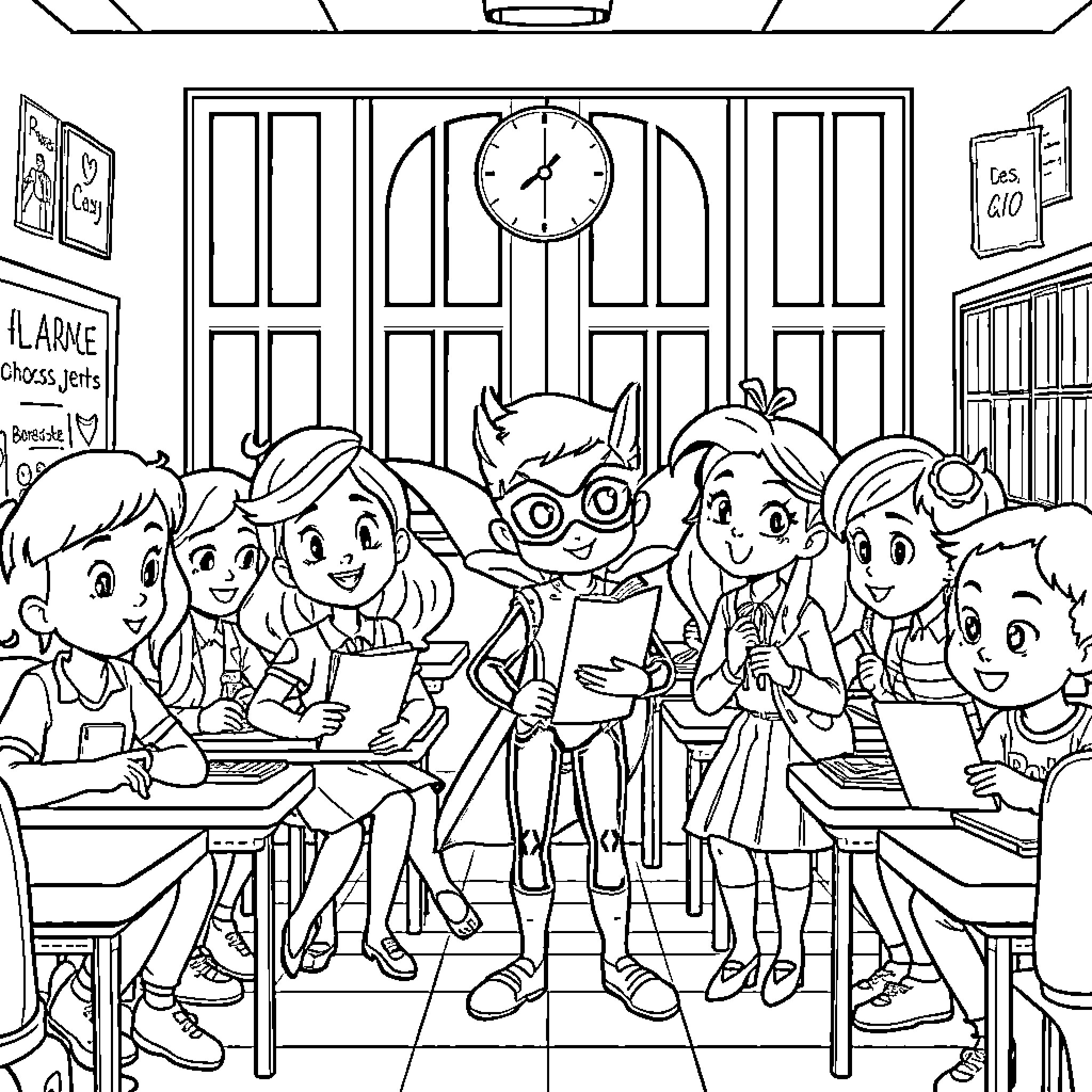 Miraculous Classroom Adventures of the Animated Students Coloring Page (free black-and-white line drawing printable PDF for all, from beginners to advanced learners, including children, teens, adults, and seniors)
