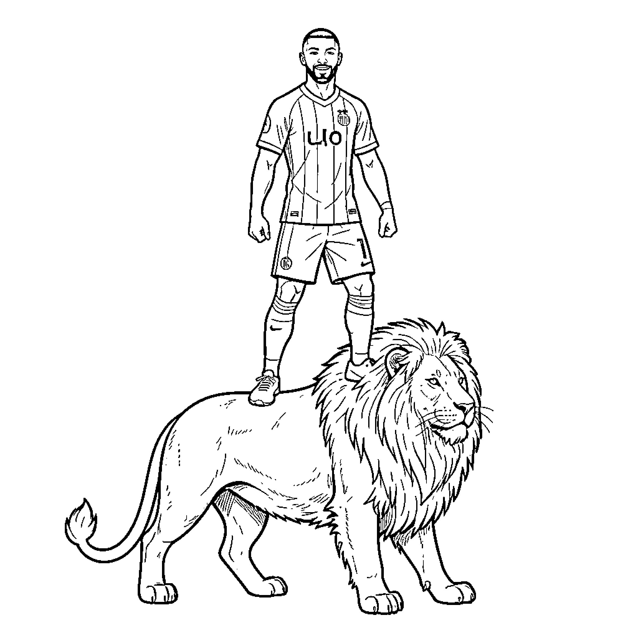 Mbappe standing heroically on top of a lion Coloring Page (free black-and-white line drawing printable PDF for all, from beginners to advanced learners, including children, teens, adults, and seniors)