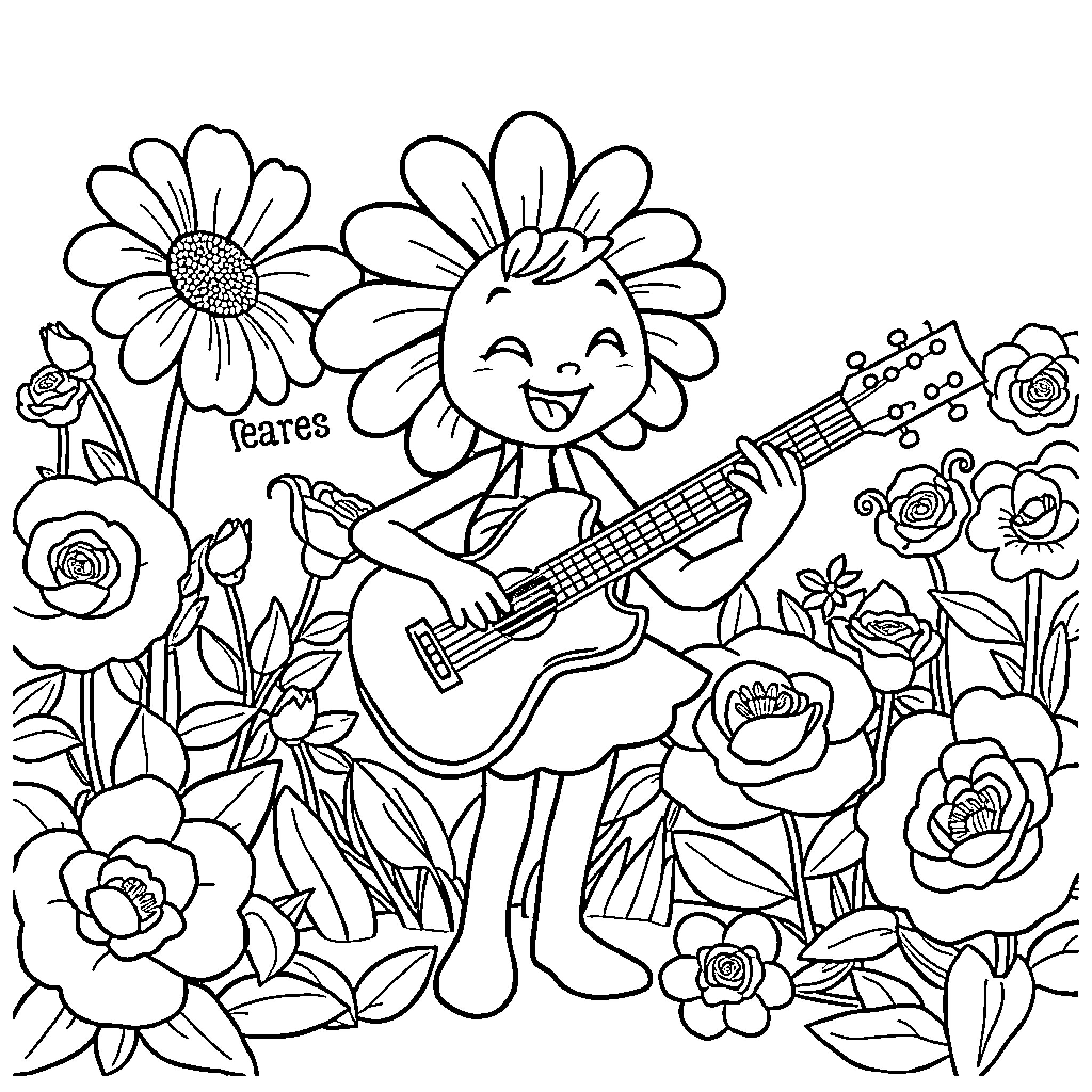 Daisy playing guitar in the flower garden Coloring Page (free black-and-white line drawing printable PDF for all, from beginners to advanced learners, including children, teens, adults, and seniors)