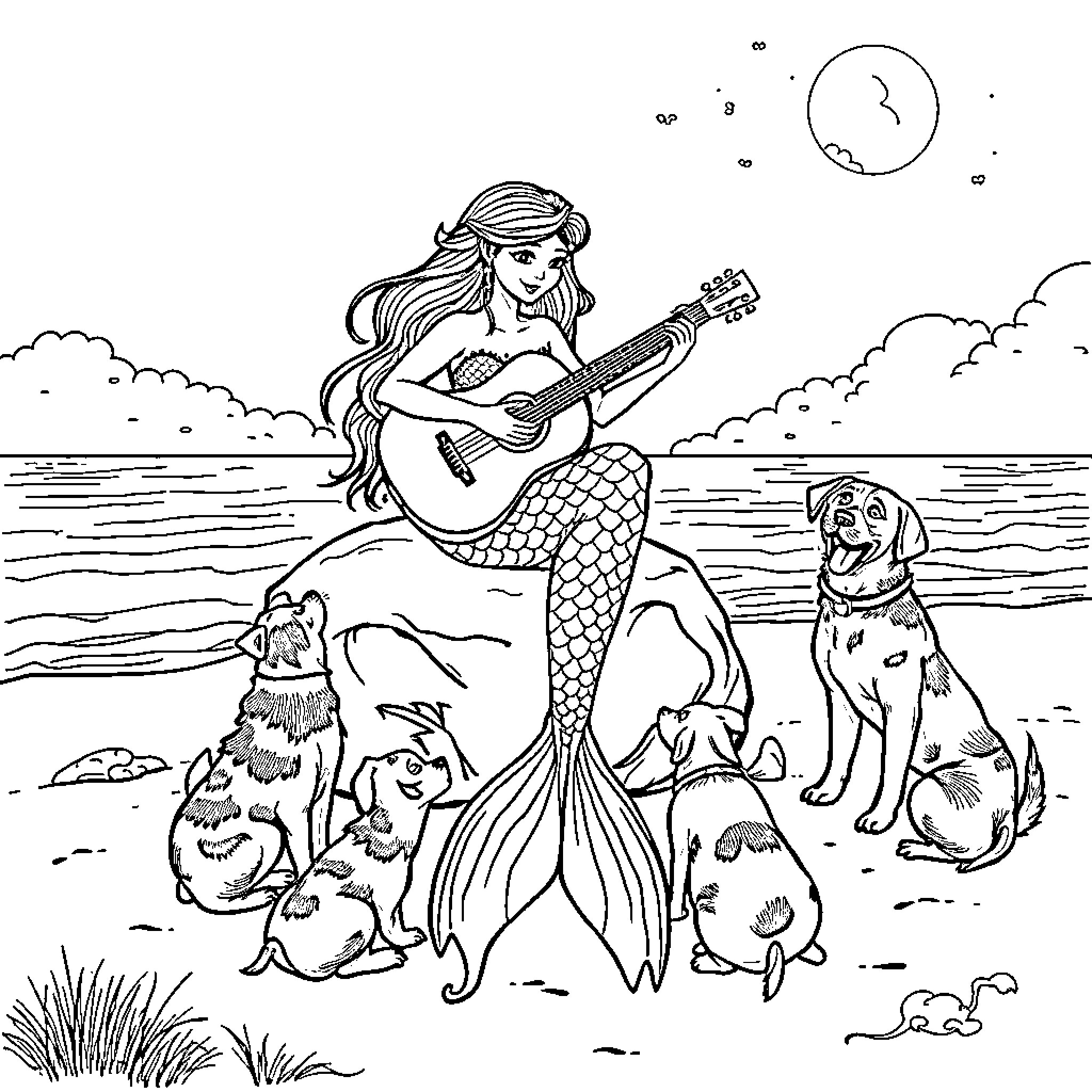 Mermaid serenades her animal friends with guitar Coloring Page (free black-and-white line drawing printable PDF for all, from beginners to advanced learners, including children, teens, adults, and seniors)
