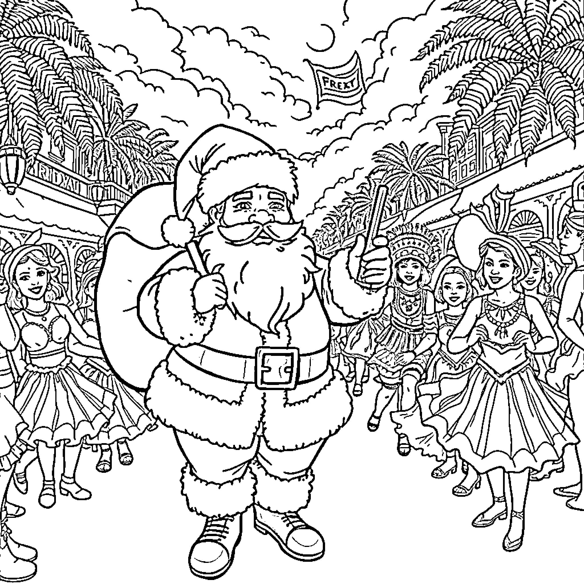 Santa leads a festive parade with joyful dancers Coloring Page (free black-and-white line drawing printable PDF for all, from beginners to advanced learners, including children, teens, adults, and seniors)