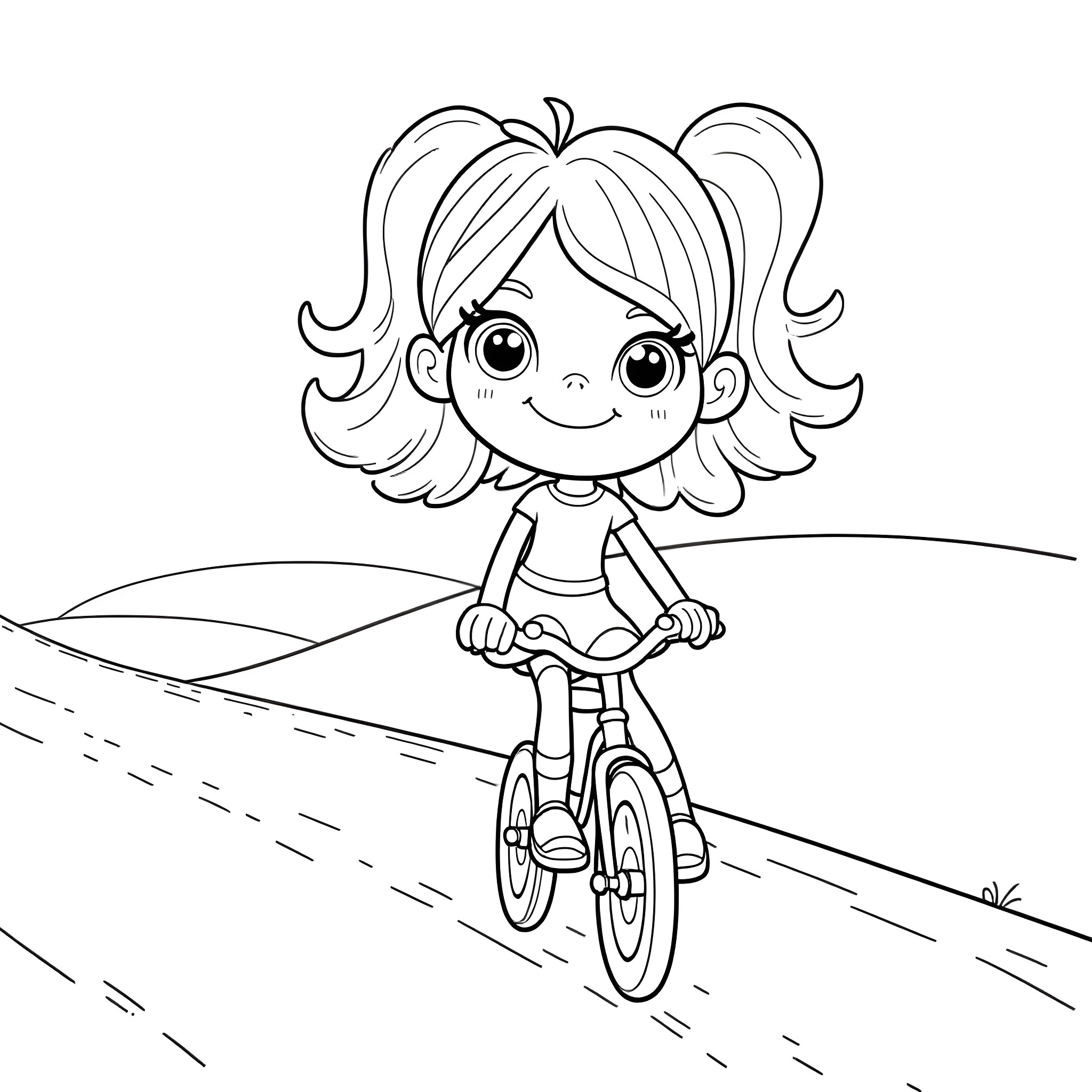 Polly Pocket riding her bicycle happily Coloring Page (free black-and-white line drawing printable PDF for all, from beginners to advanced learners, including children, teens, adults, and seniors)