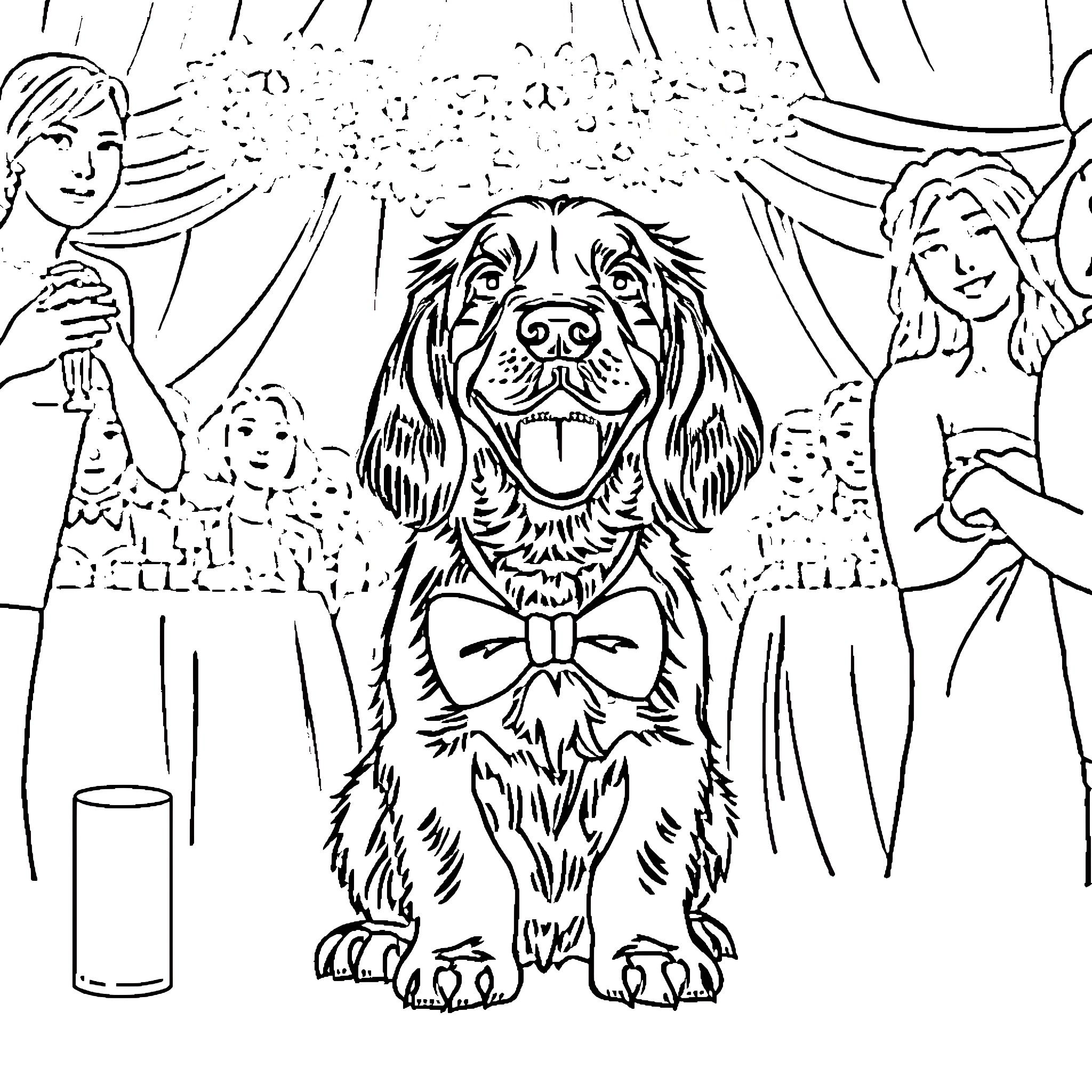 Flat Coated Retriever dressed for a party Coloring Page (free black-and-white line drawing printable PDF for all, from beginners to advanced learners, including children, teens, adults, and seniors)