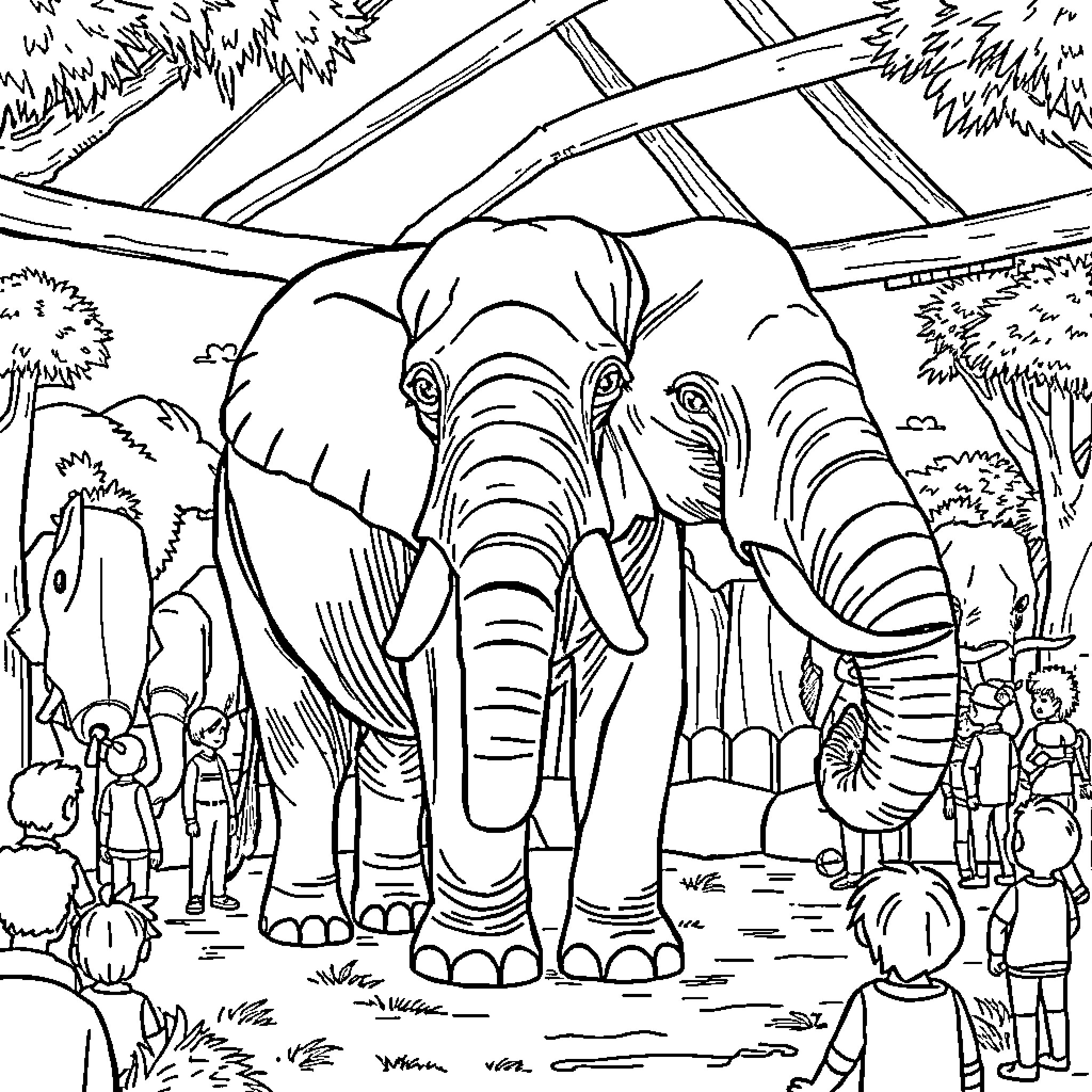 Elephant Herd Visiting Wildlife Park Coloring Page (free black-and-white line drawing printable PDF for all, from beginners to advanced learners, including children, teens, adults, and seniors)