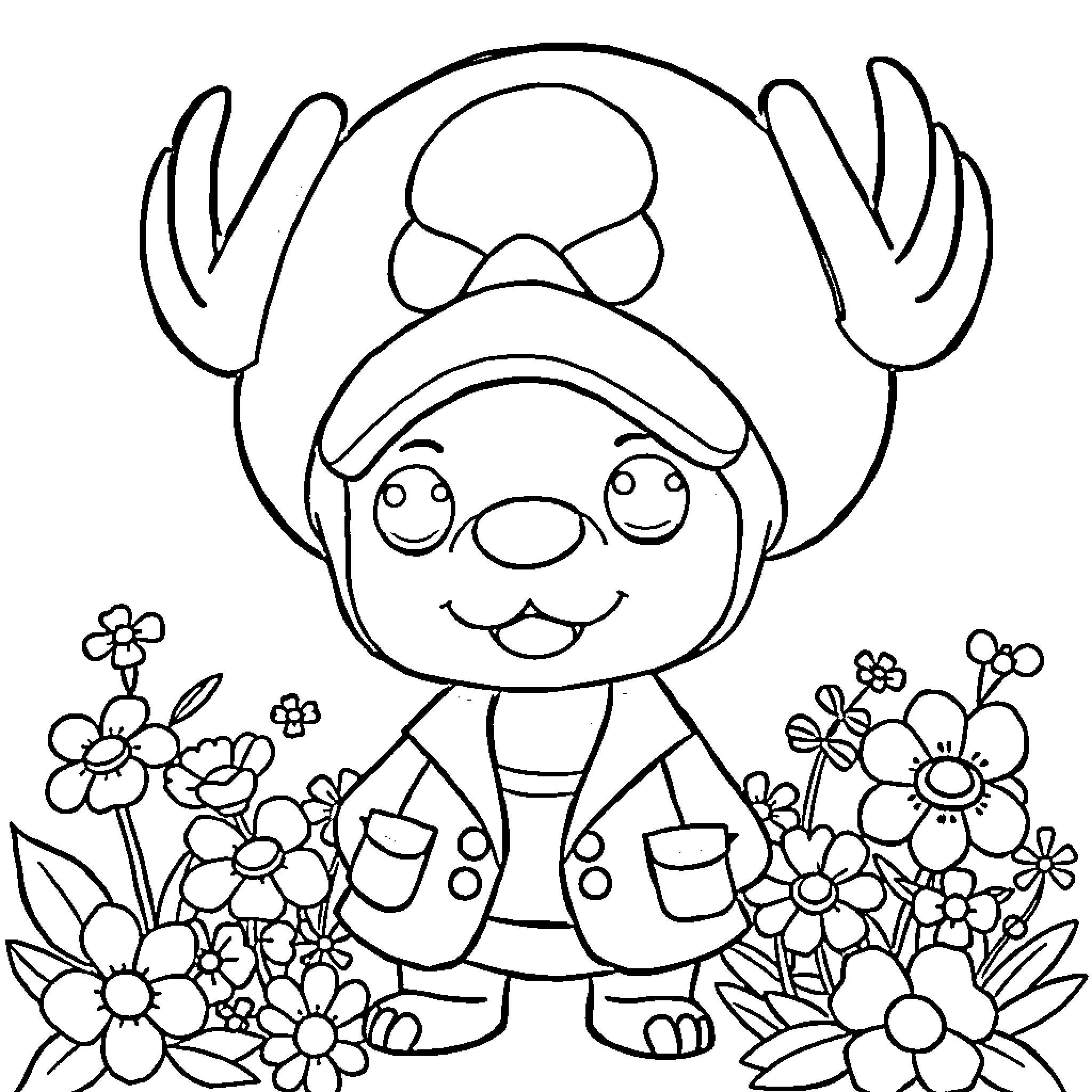 Chopper surrounded by colorful flowers Coloring Page (free black-and-white line drawing printable PDF for all, from beginners to advanced learners, including children, teens, adults, and seniors)