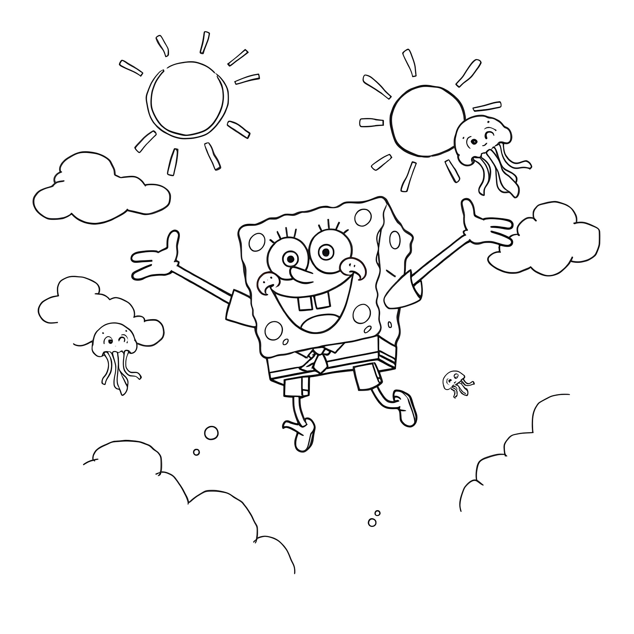 Spongebob jumping with joy under the sun Coloring Page (free black-and-white line drawing printable PDF for all, from beginners to advanced learners, including children, teens, adults, and seniors)
