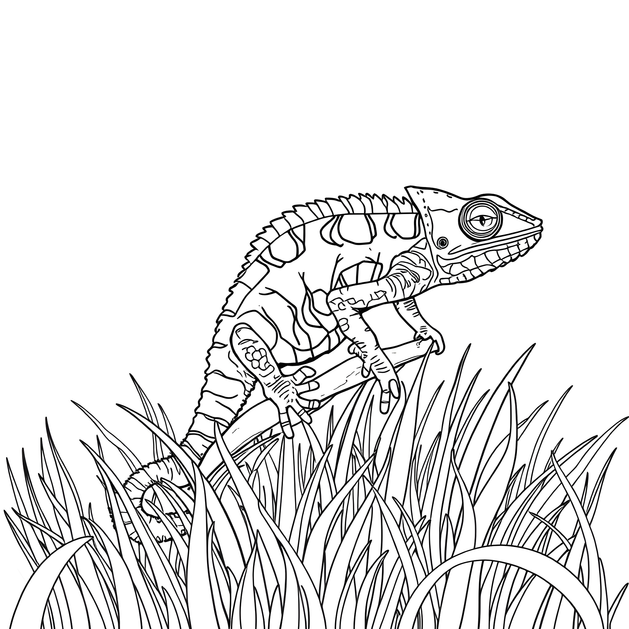 Chameleon exploring the grass Coloring Page (free black-and-white line drawing printable PDF for all, from beginners to advanced learners, including children, teens, adults, and seniors)