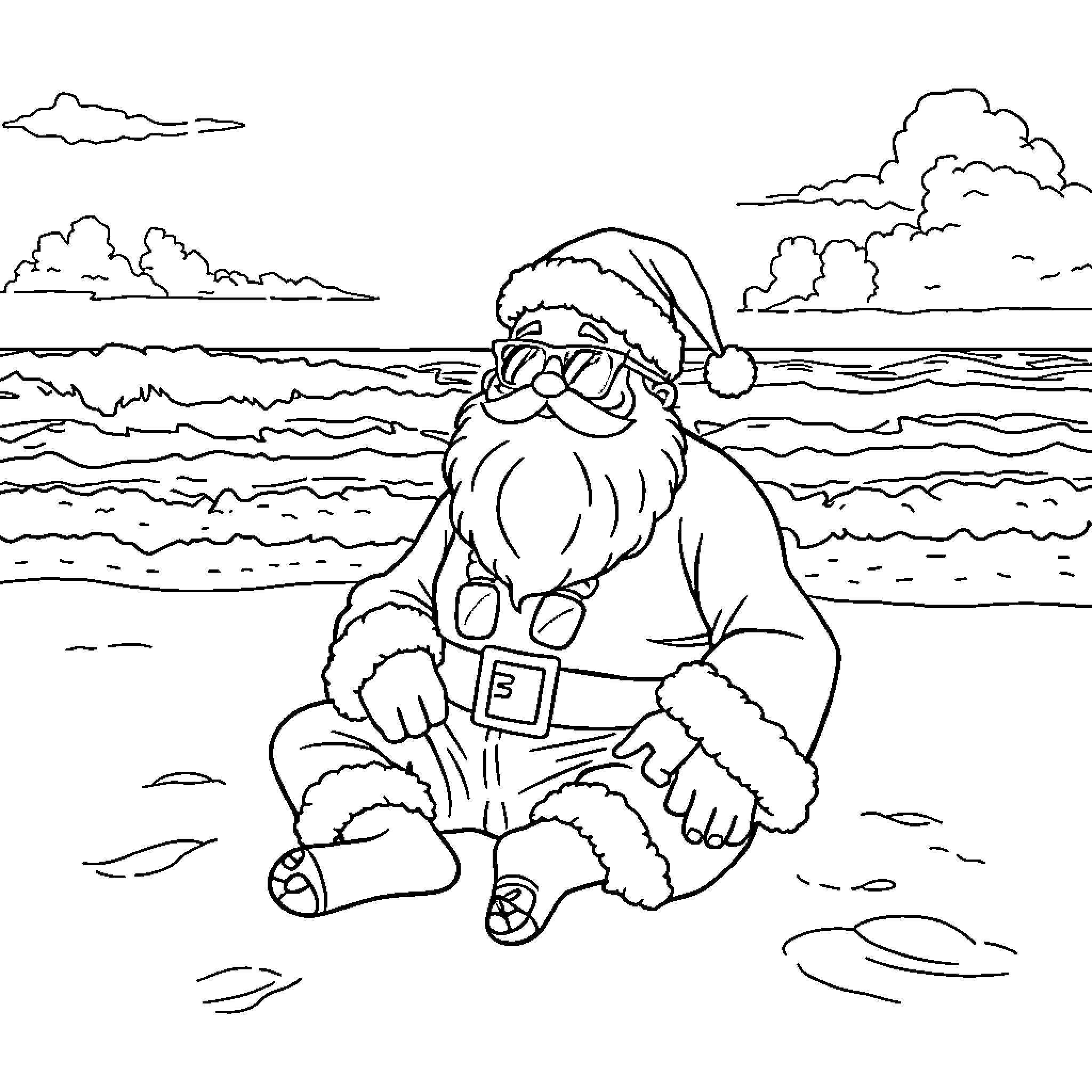Santa Claus relaxing on the beach Coloring Page (free black-and-white line drawing printable PDF for all, from beginners to advanced learners, including children, teens, adults, and seniors)