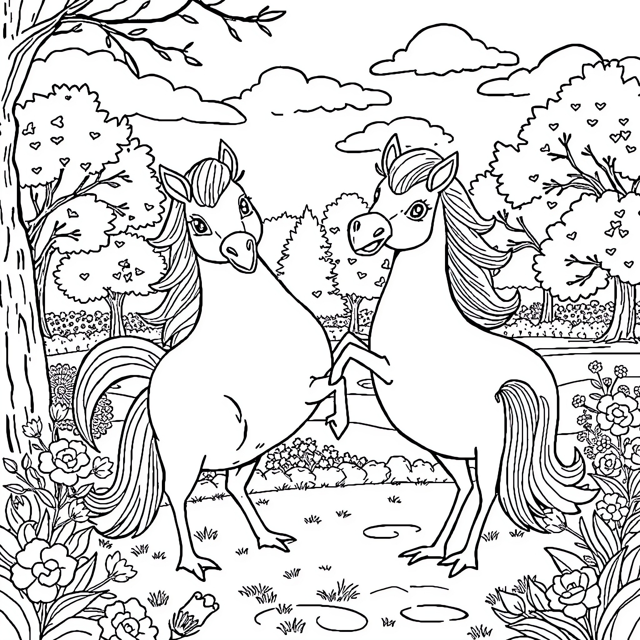 Einhorn Unicorns Frolicking in Enchanted Forest Coloring Page (free black-and-white line drawing printable PDF for all, from beginners to advanced learners, including children, teens, adults, and seniors)