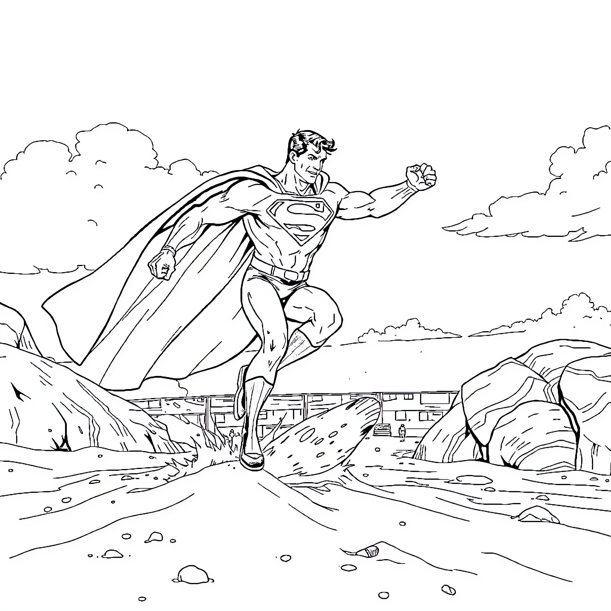 Superman in action, soaring over the rugged terrain Coloring Page (free black-and-white line drawing printable PDF for all, from beginners to advanced learners, including children, teens, adults, and seniors)