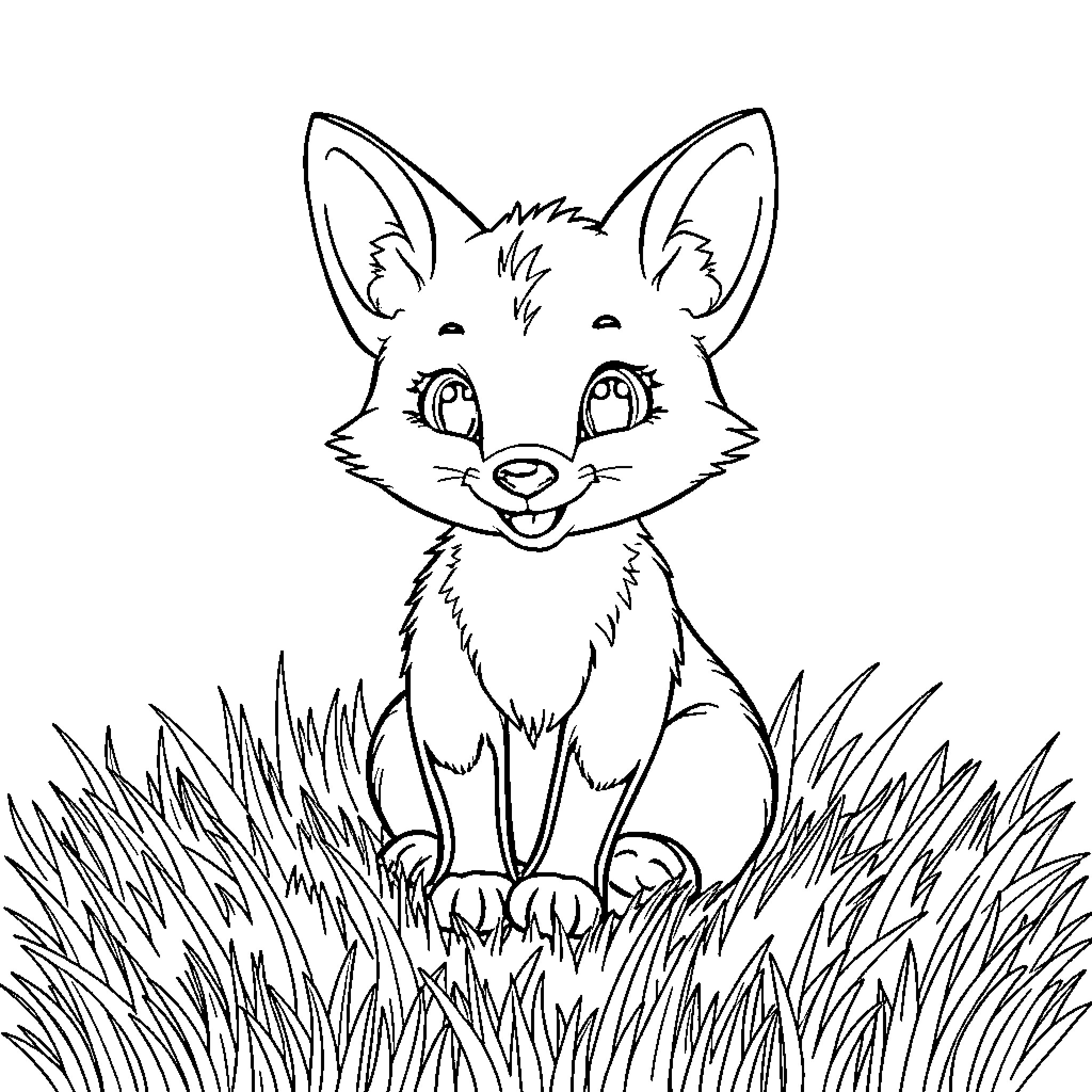 Fox smiling happily in grassy field Coloring Page (free black-and-white line drawing printable PDF for all, from beginners to advanced learners, including children, teens, adults, and seniors)