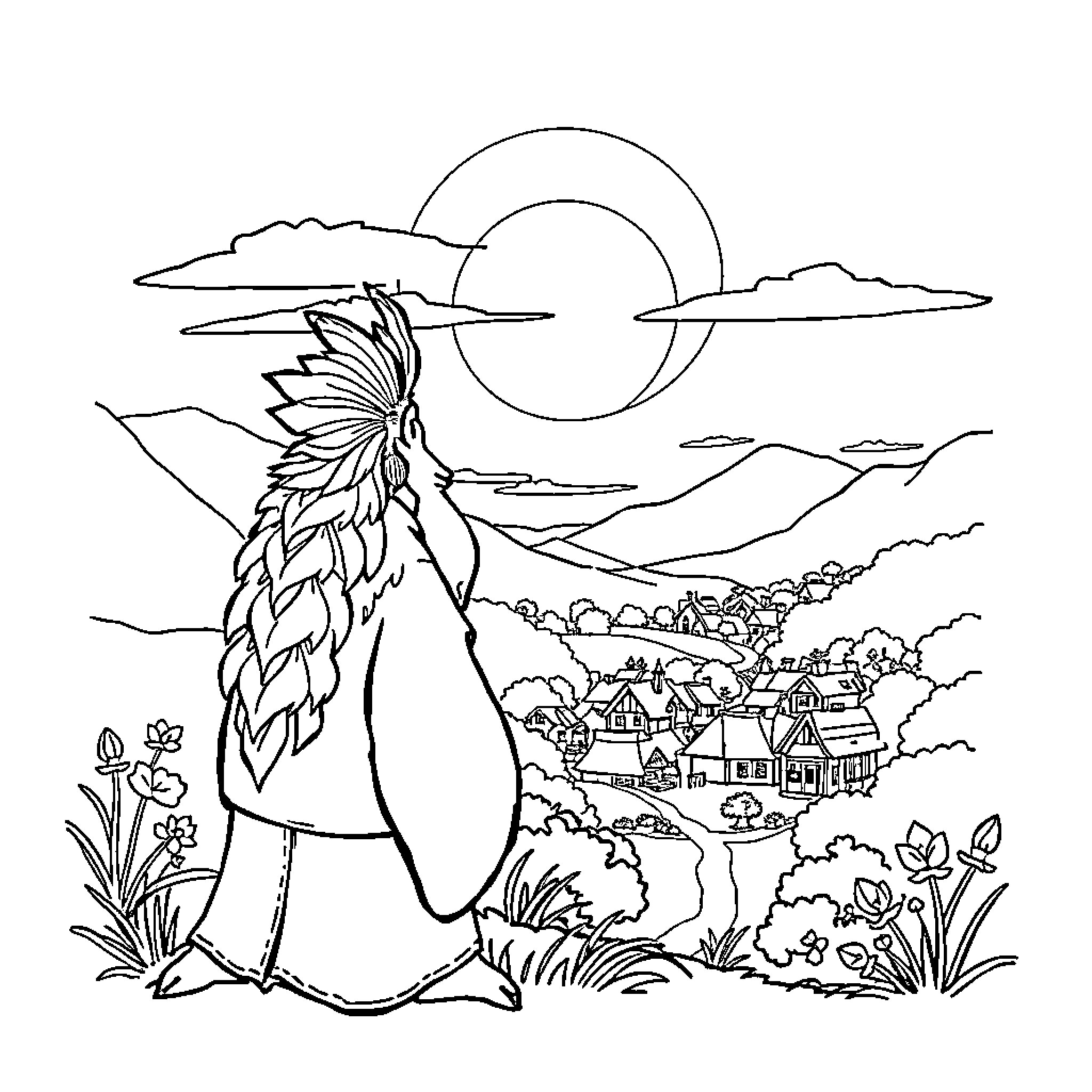 Owl overlooking village with floral elements Coloring Page (free black-and-white line drawing printable PDF for all, from beginners to advanced learners, including children, teens, adults, and seniors)