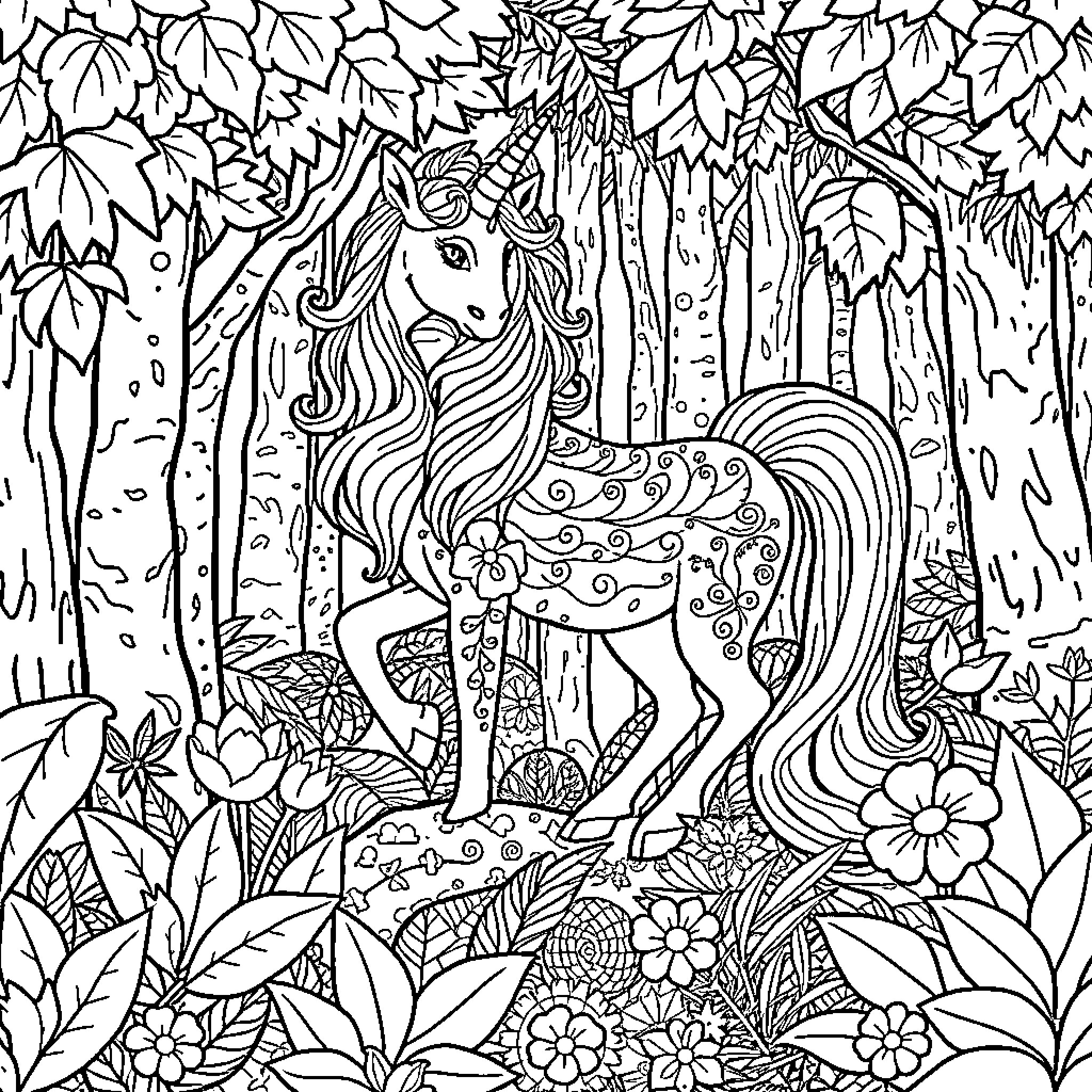 Unicorn in the enchanted forest Coloring Page (free black-and-white line drawing printable PDF for all, from beginners to advanced learners, including children, teens, adults, and seniors)
