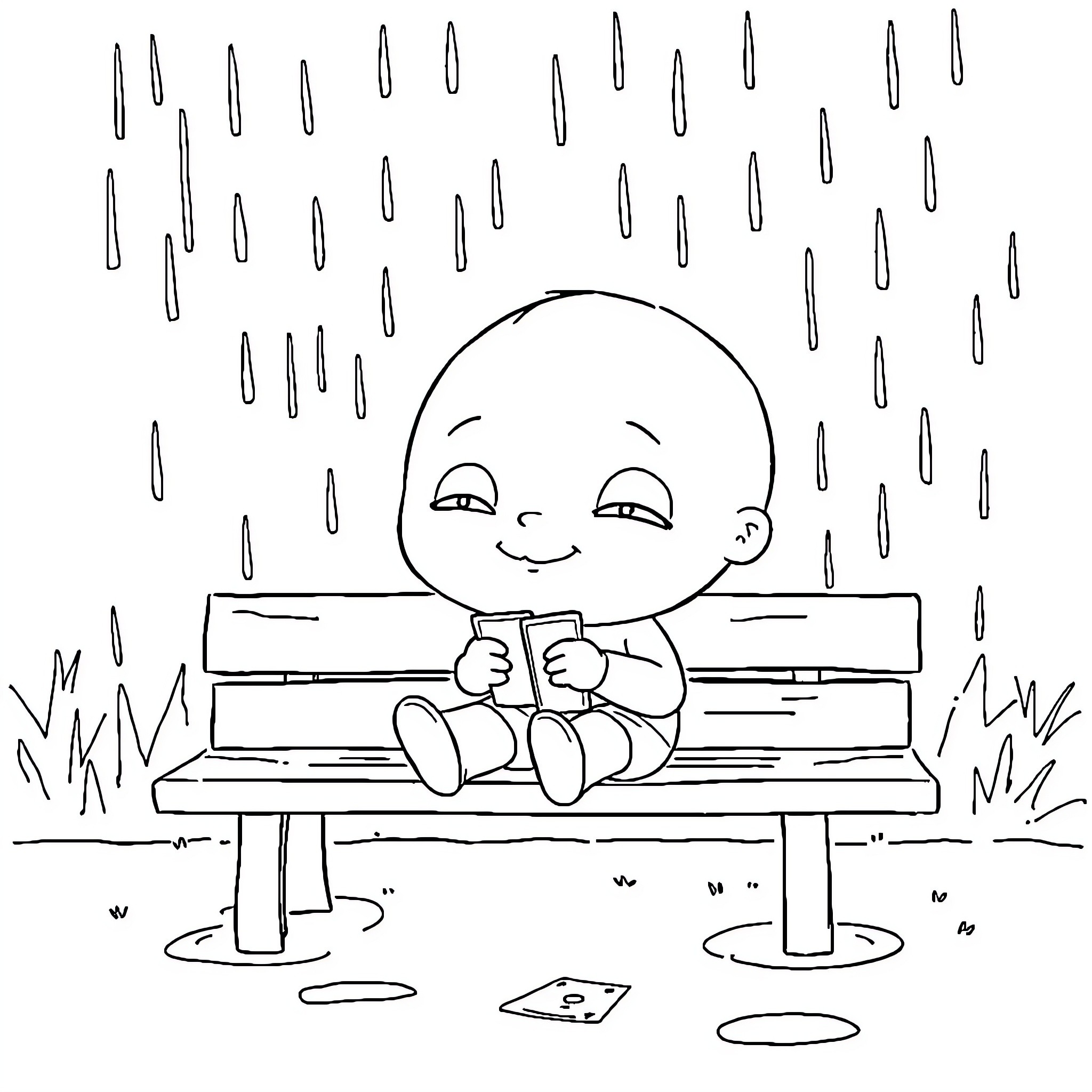 Stewie Griffin sitting on a bench in the rain Coloring Page (free black-and-white line drawing printable PDF for all, from beginners to advanced learners, including children, teens, adults, and seniors)