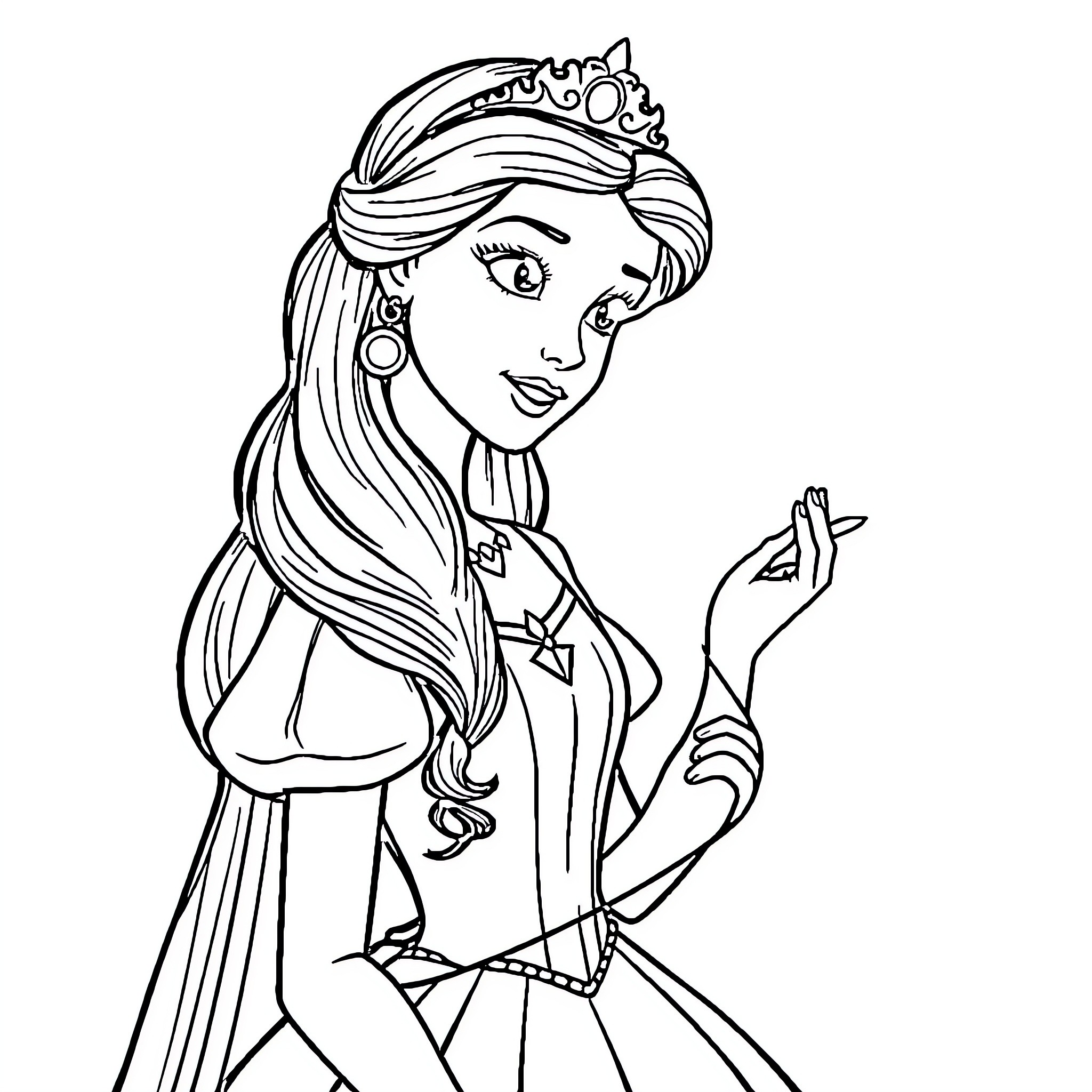 Princess in Elegant Attire and Regal Pose Coloring Page (free black-and-white line drawing printable PDF for all, from beginners to advanced learners, including children, teens, adults, and seniors)