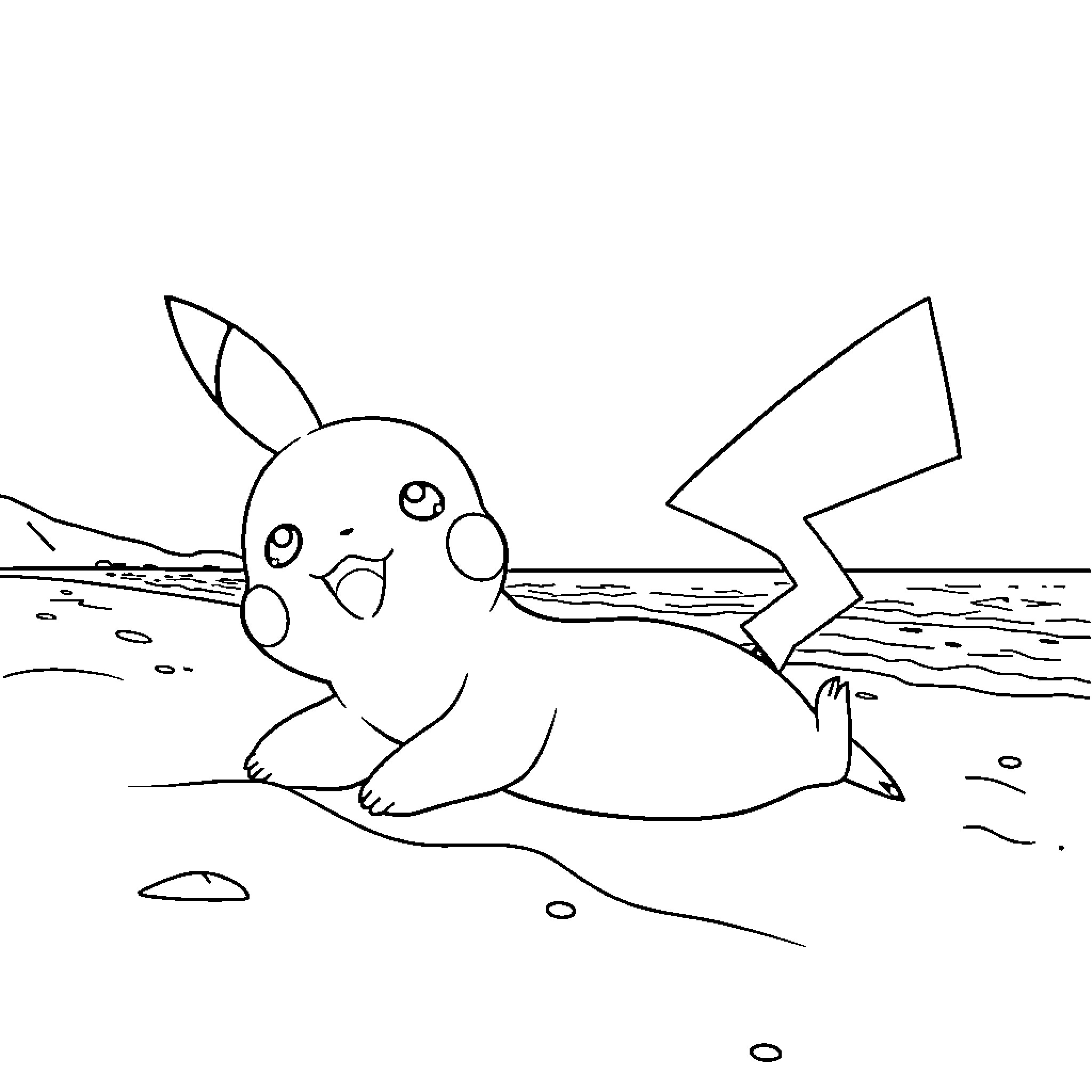 Pikachu relaxing on the beach Coloring Page (free black-and-white line drawing printable PDF for all, from beginners to advanced learners, including children, teens, adults, and seniors)