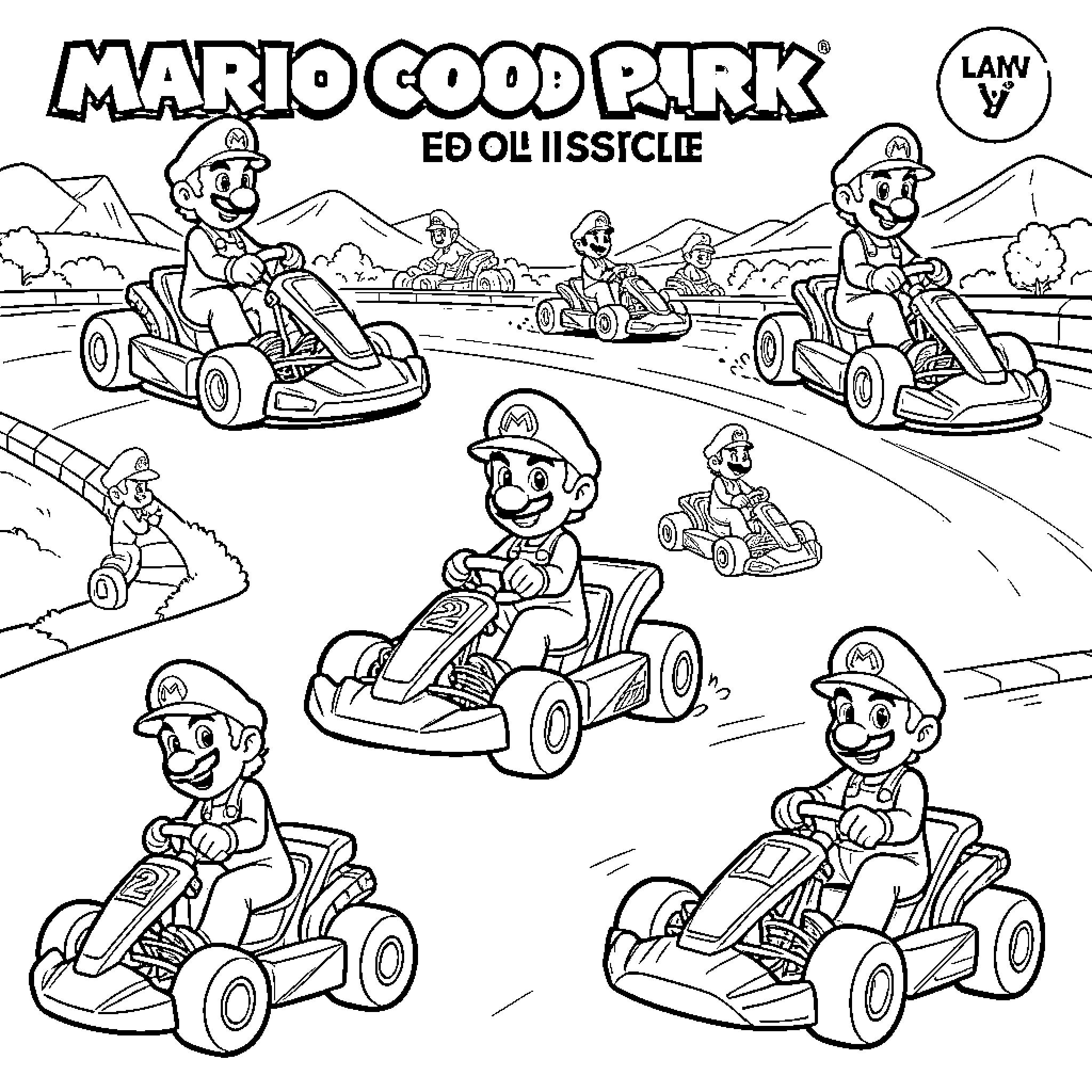 Mario Kart characters racing happily on a track Coloring Page (free black-and-white line drawing printable PDF for all, from beginners to advanced learners, including children, teens, adults, and seniors)