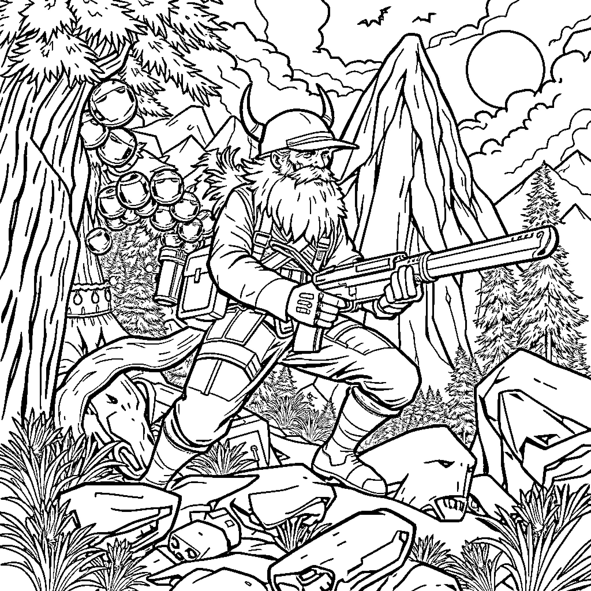 Huntrix Adventuring Warrior in Fantastical Landscape Coloring Page (free black-and-white line drawing printable PDF for all, from beginners to advanced learners, including children, teens, adults, and seniors)