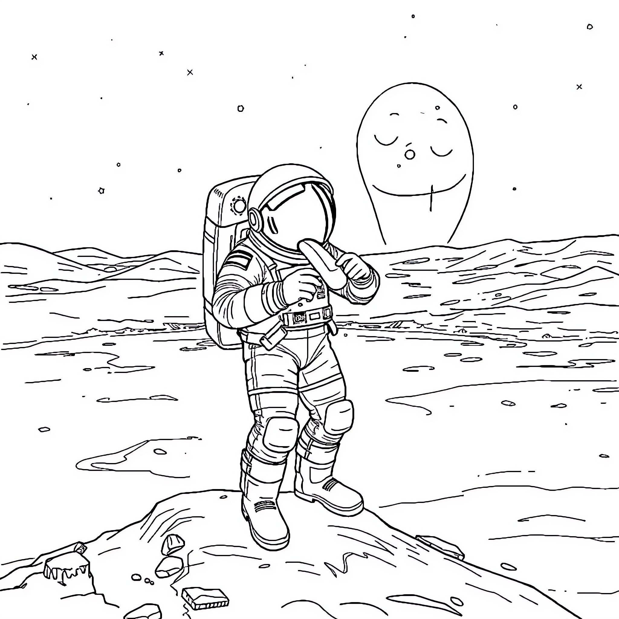 Astronaut exploring alien landscape with friendly alien companion Coloring Page (free black-and-white line drawing printable PDF for all, from beginners to advanced learners, including children, teens, adults, and seniors)
