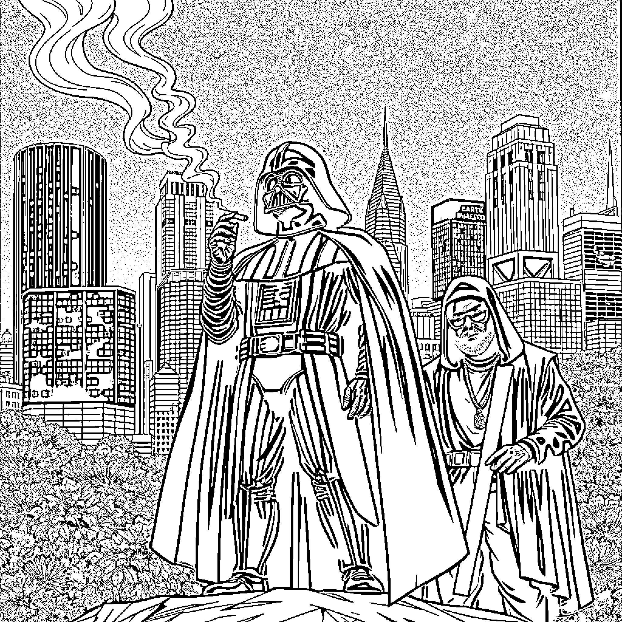 Darth Vader and Imperial Forces in the City Coloring Page (free black-and-white line drawing printable PDF for all, from beginners to advanced learners, including children, teens, adults, and seniors)