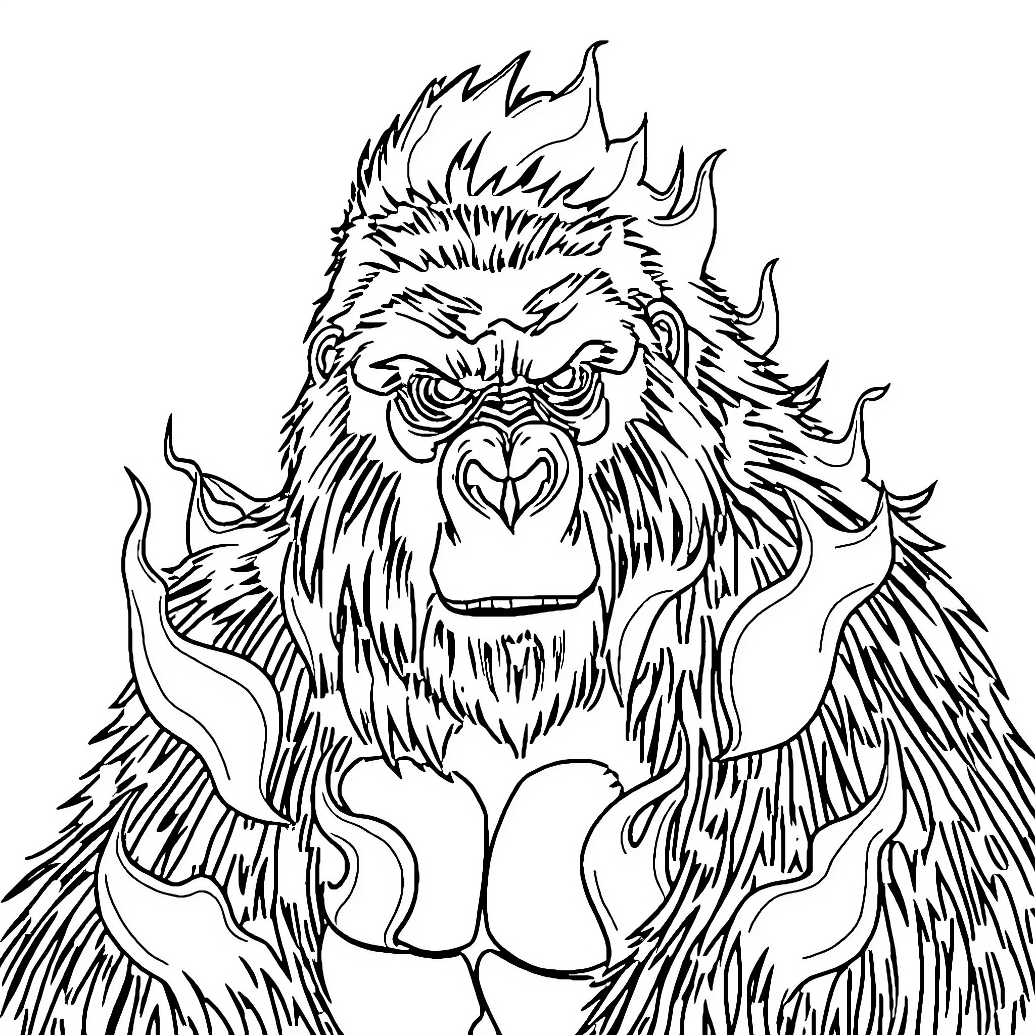 Gorilla with a fierce expression Coloring Page (free black-and-white line drawing printable PDF for all, from beginners to advanced learners, including children, teens, adults, and seniors)