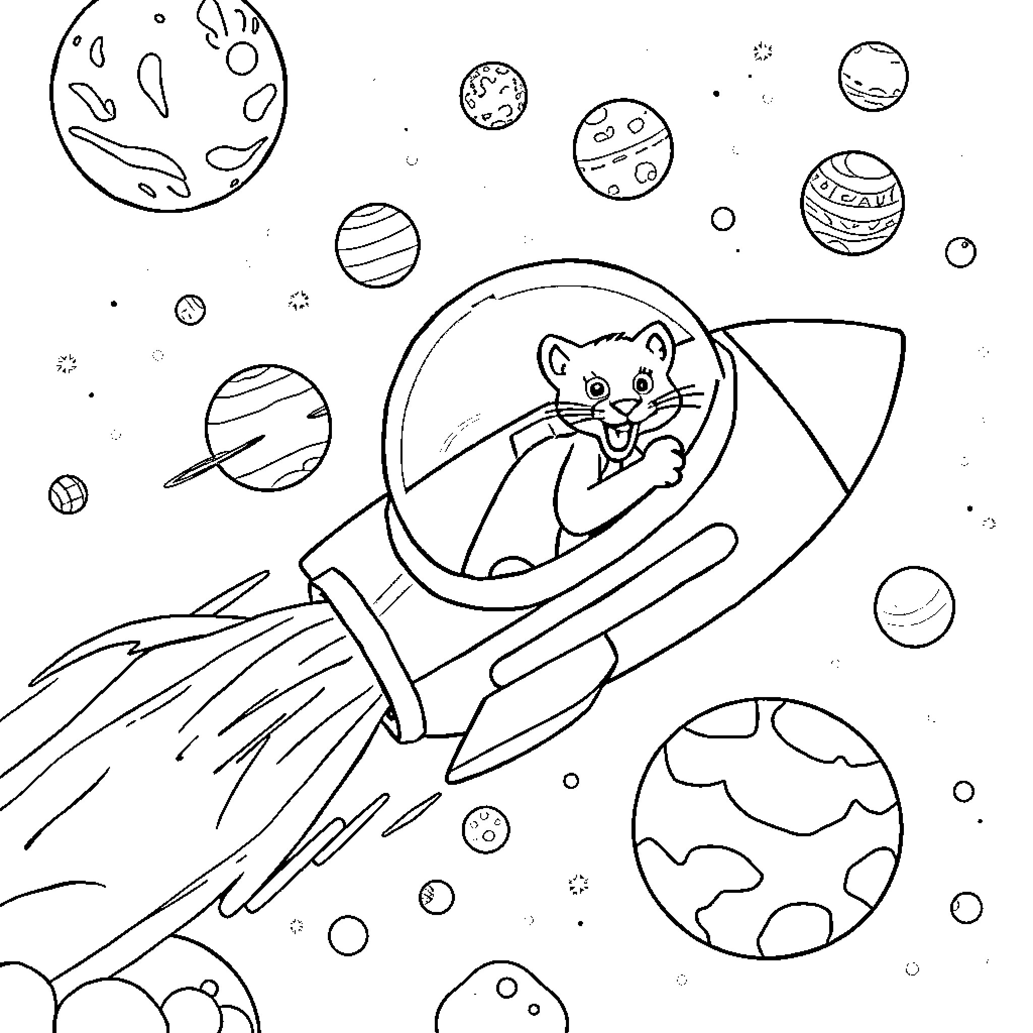 Pink Panther's Cosmic Adventure in a Rocket Ship Coloring Page (free black-and-white line drawing printable PDF for all, from beginners to advanced learners, including children, teens, adults, and seniors)
