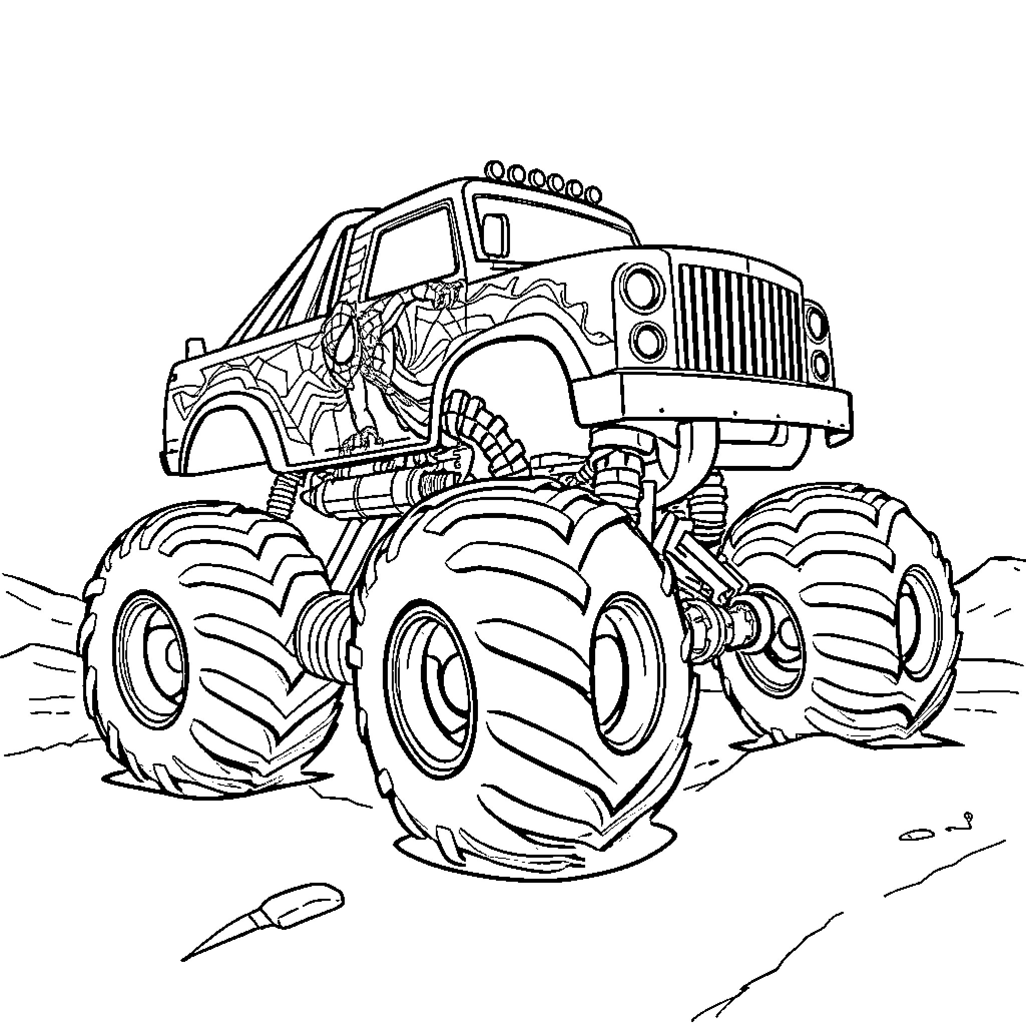 Monster Truck Crushing Obstacles in the Wilderness Coloring Page (free black-and-white line drawing printable PDF for all, from beginners to advanced learners, including children, teens, adults, and seniors)
