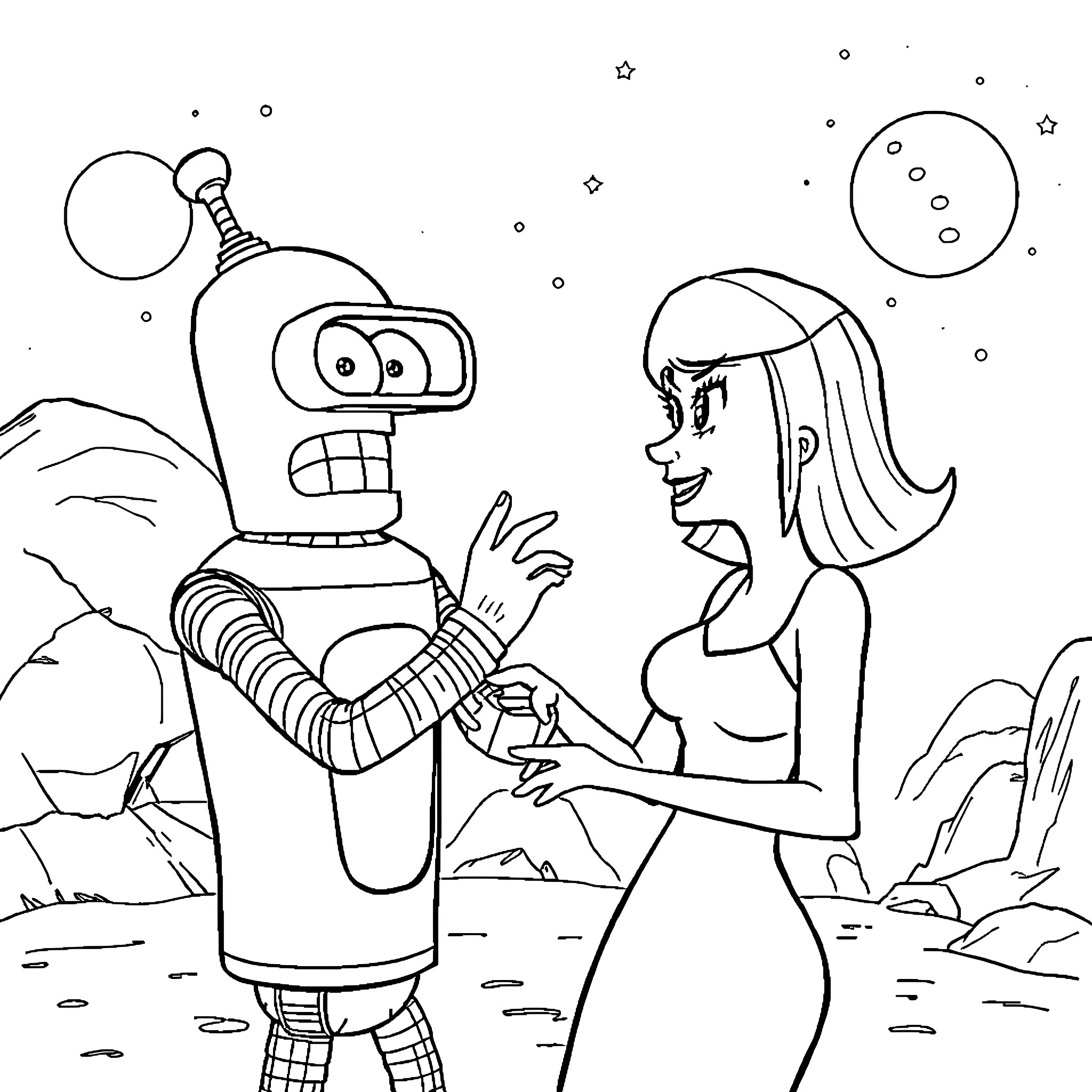Bender and a female character in a fantastical setting Coloring Page (free black-and-white line drawing printable PDF for all, from beginners to advanced learners, including children, teens, adults, and seniors)