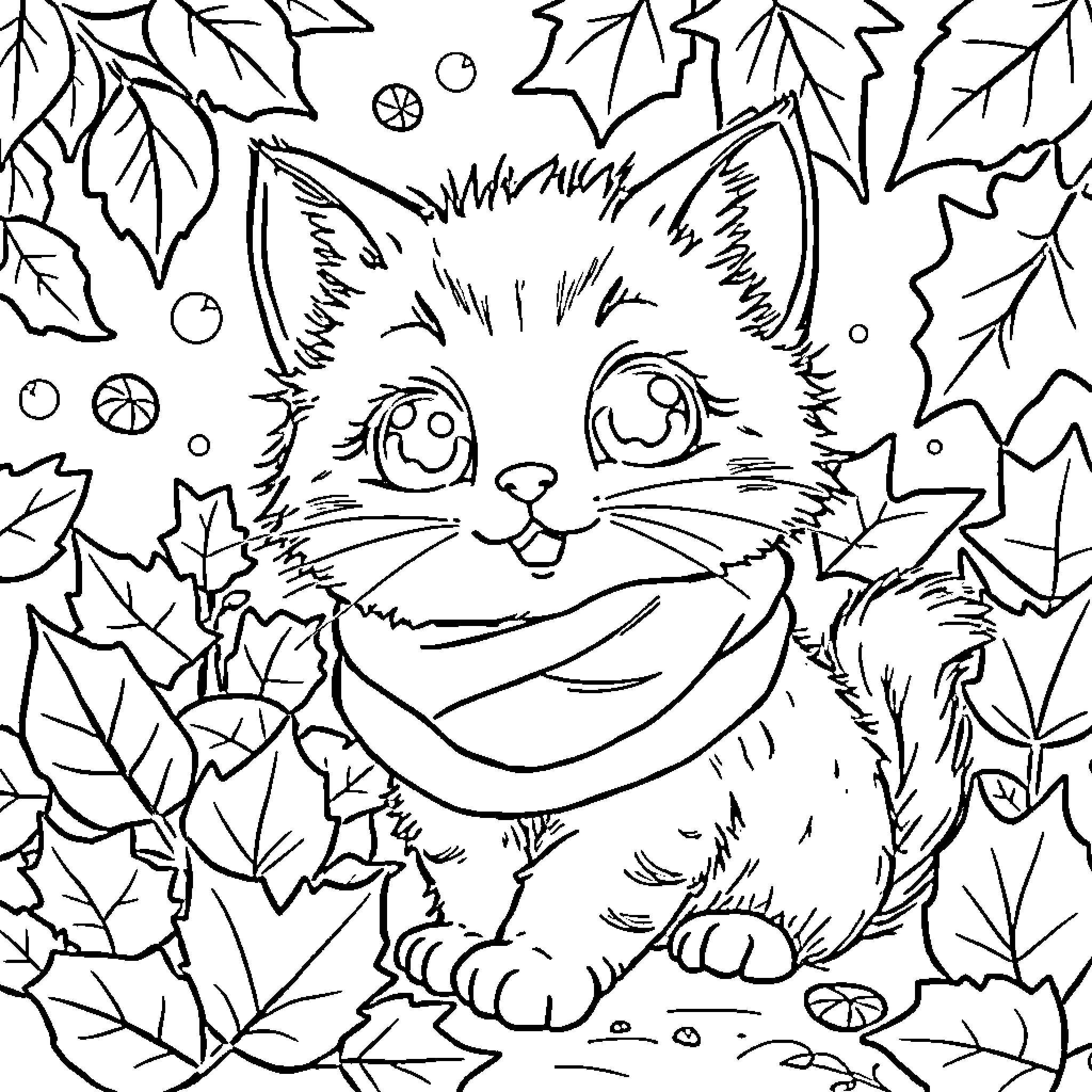 Kitty playing among autumn leaves Coloring Page (free black-and-white line drawing printable PDF for all, from beginners to advanced learners, including children, teens, adults, and seniors)