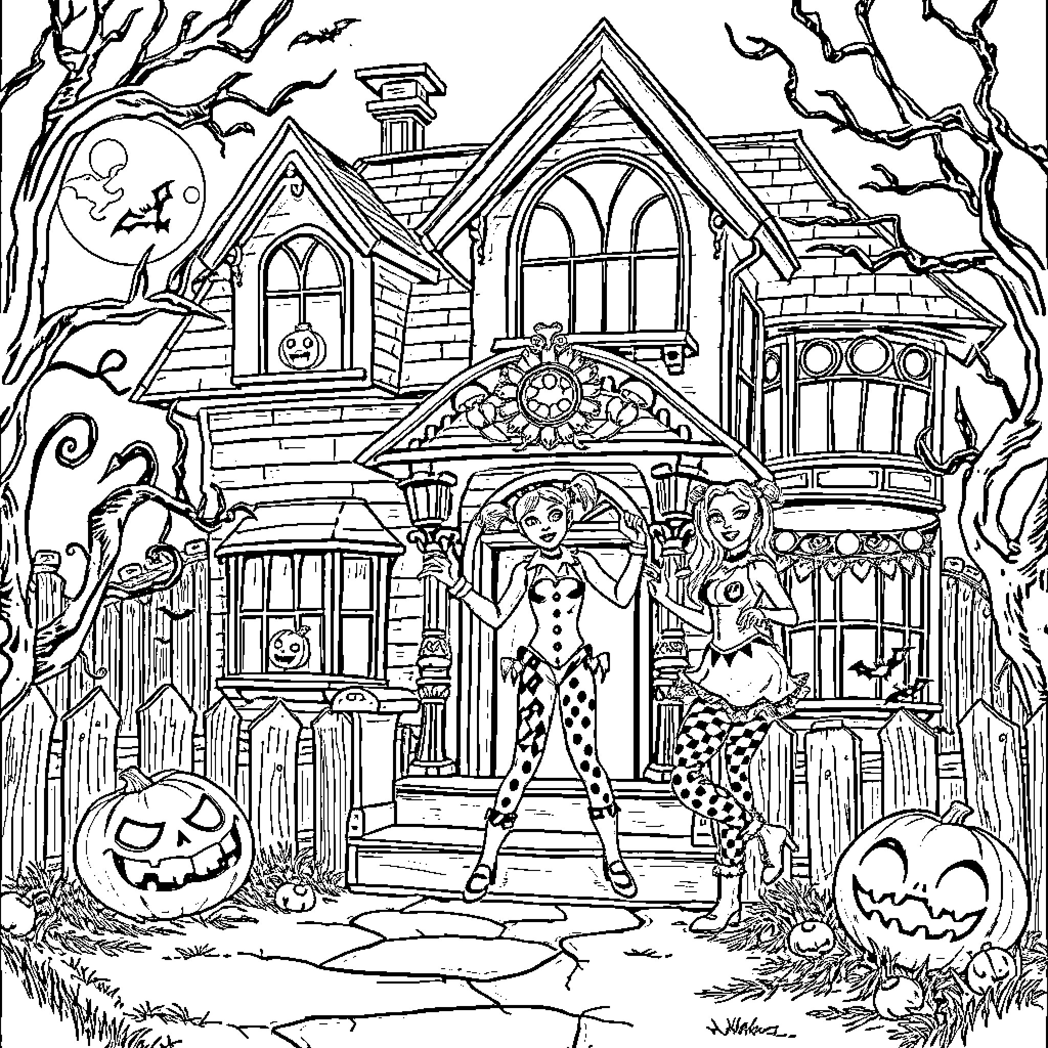 Harley Quinn's Haunted House Adventure Coloring Page (free black-and-white line drawing printable PDF for all, from beginners to advanced learners, including children, teens, adults, and seniors)
