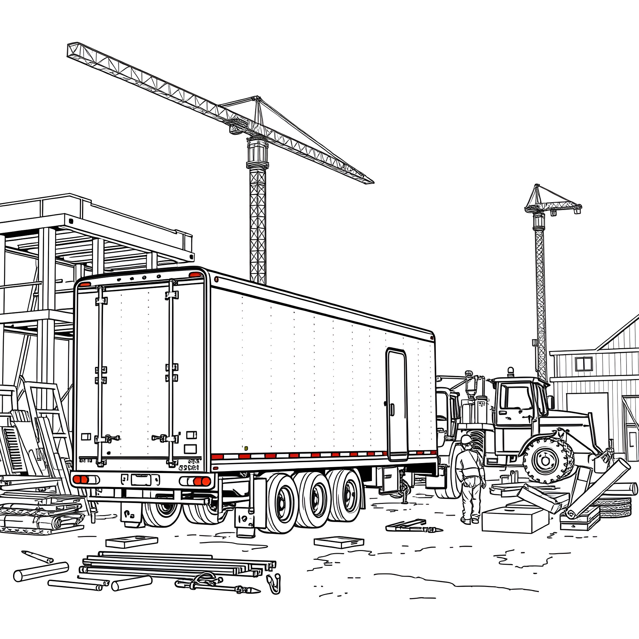 Gooseneck Trailer with Construction Site Machinery Coloring Page (free black-and-white line drawing printable PDF for all, from beginners to advanced learners, including children, teens, adults, and seniors)