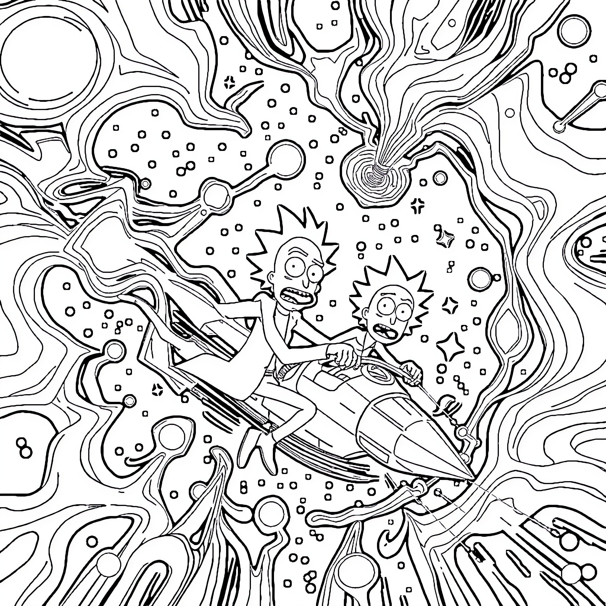 Rick And Morty Cosmic Adventure Coloring Page (free black-and-white line drawing printable PDF for all, from beginners to advanced learners, including children, teens, adults, and seniors)