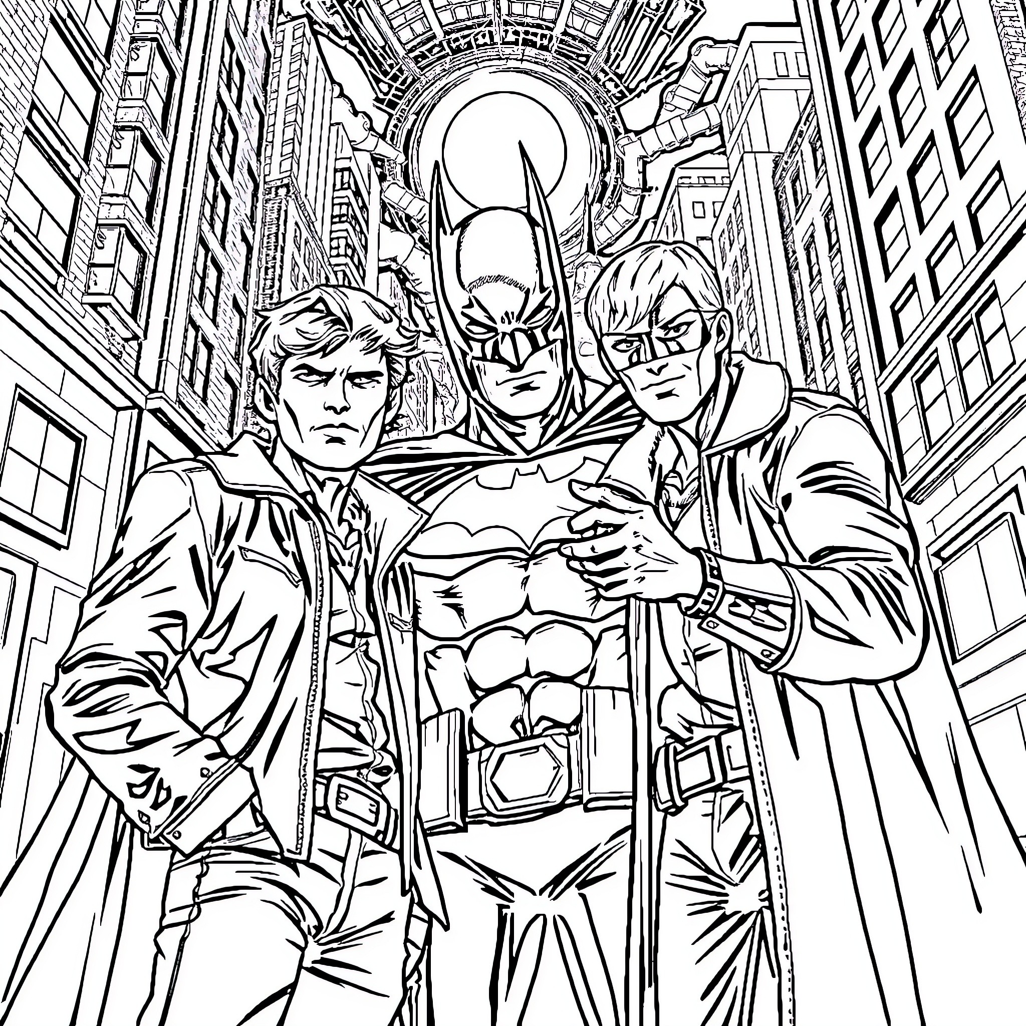 Supernatural Boys in Action-Packed City Scene Coloring Page (free black-and-white line drawing printable PDF for all, from beginners to advanced learners, including children, teens, adults, and seniors)