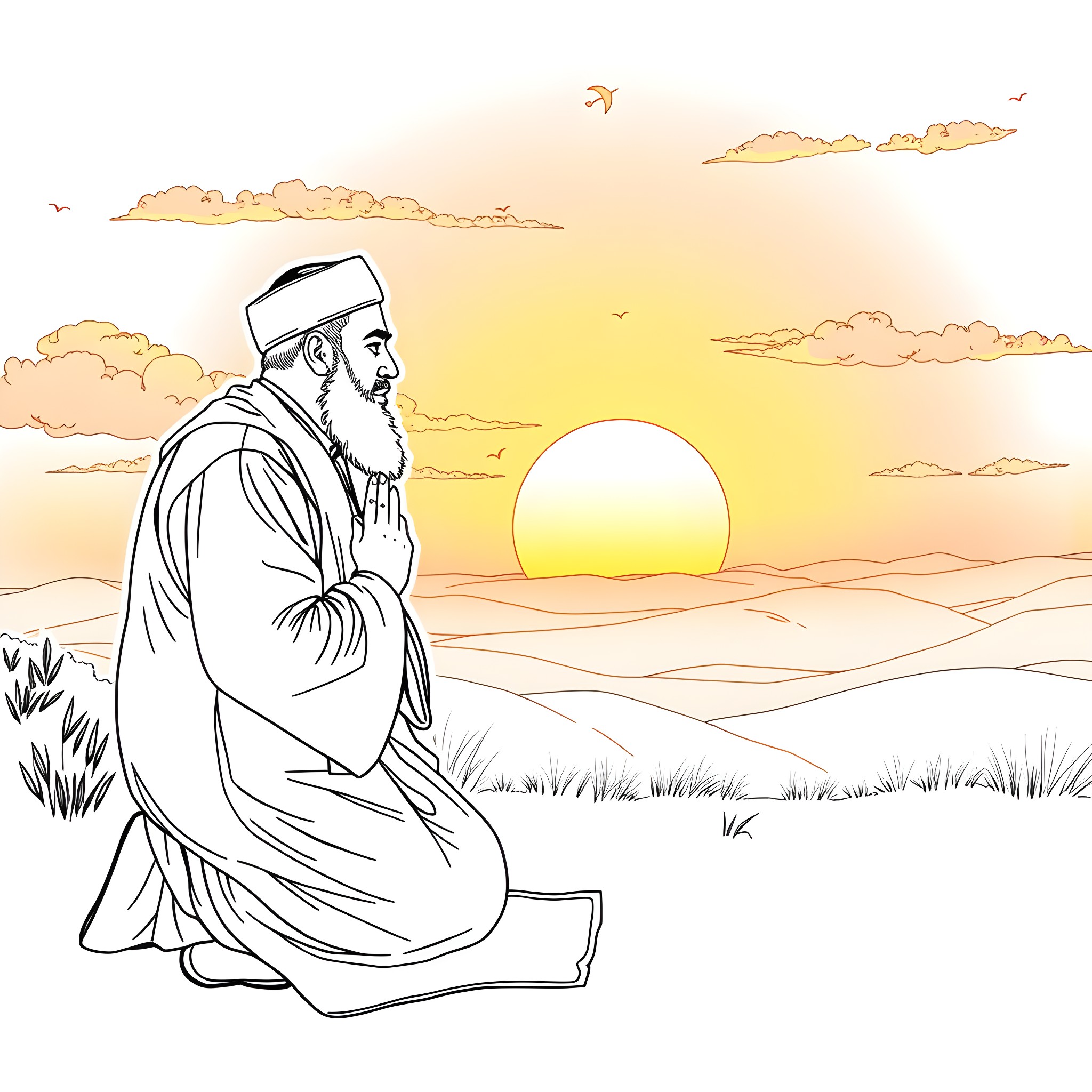Hassan Nasrallah in contemplative pose at sunset Coloring Page (free black-and-white line drawing printable PDF for all, from beginners to advanced learners, including children, teens, adults, and seniors)