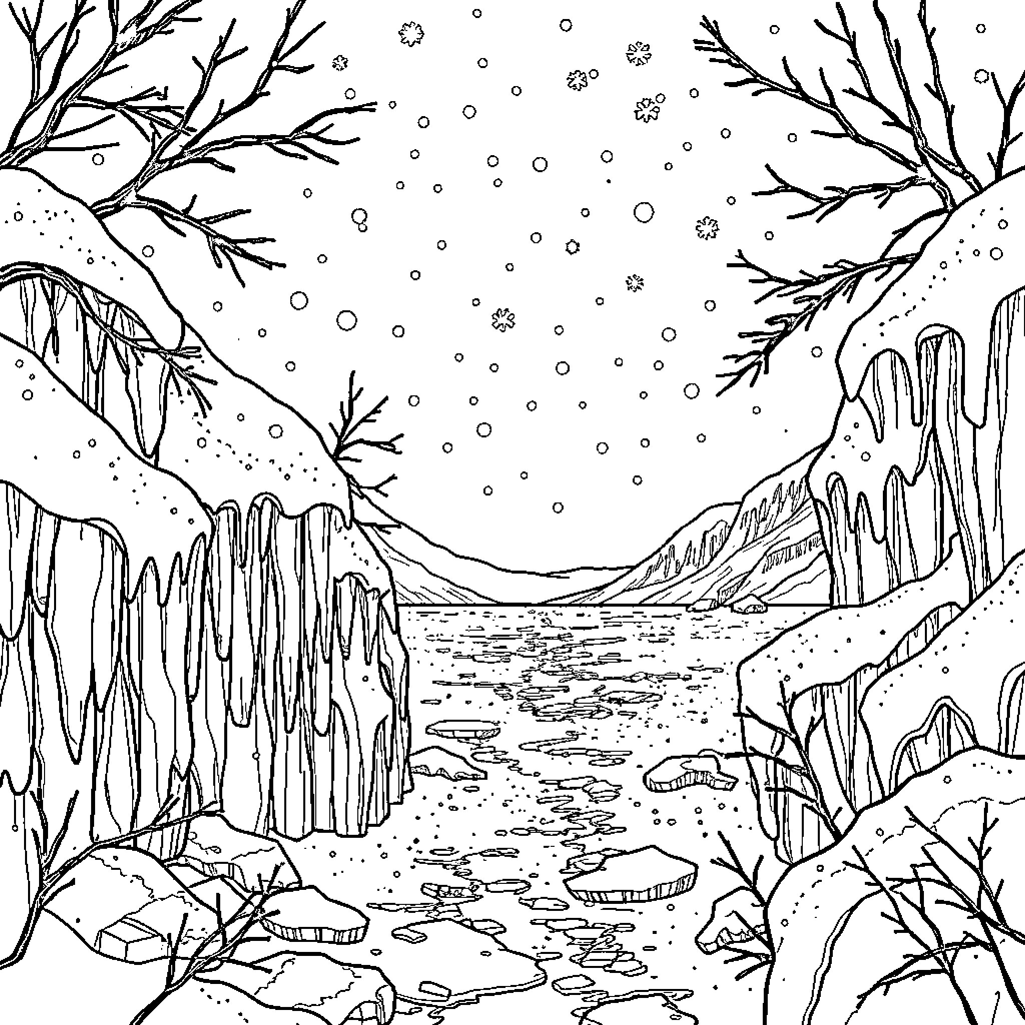 Frozen Snowy Winter Landscape with Icy Formations Coloring Page (free black-and-white line drawing printable PDF for all, from beginners to advanced learners, including children, teens, adults, and seniors)