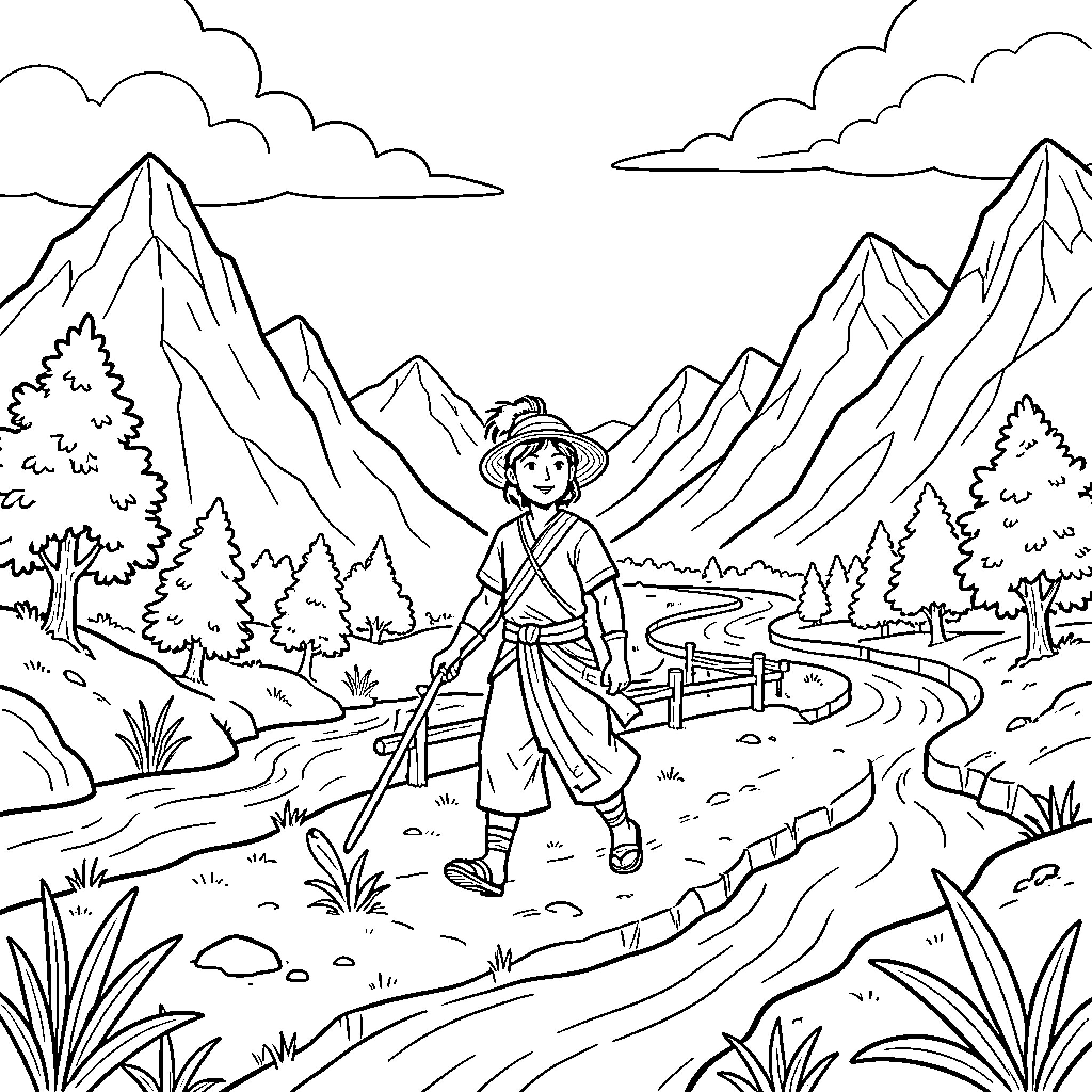 Lam-ang walking through a scenic mountain landscape Coloring Page (free black-and-white line drawing printable PDF for all, from beginners to advanced learners, including children, teens, adults, and seniors)