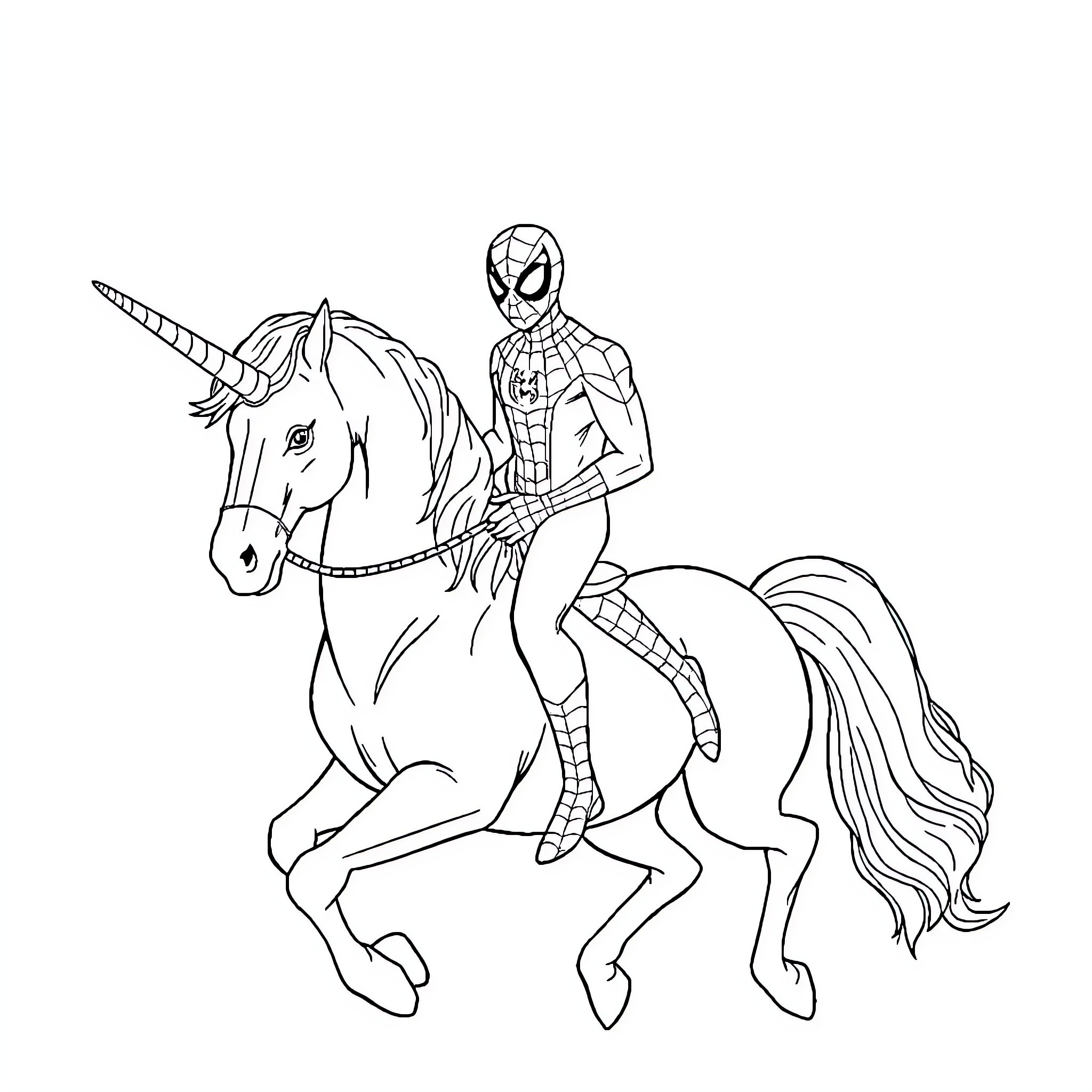 Spiderman riding a unicorn in action pose Coloring Page (free black-and-white line drawing printable PDF for all, from beginners to advanced learners, including children, teens, adults, and seniors)