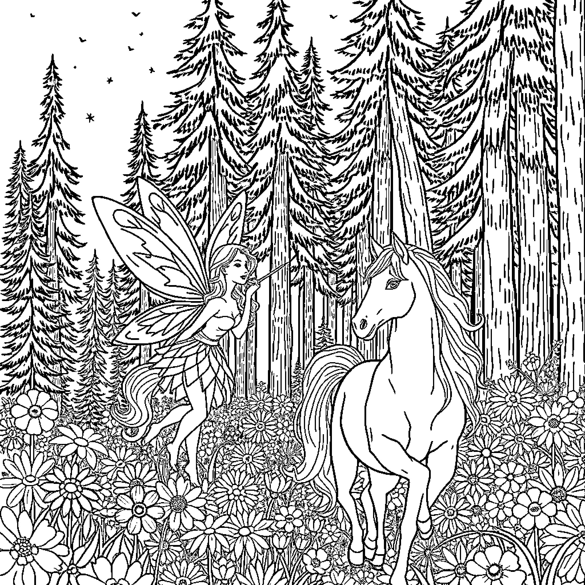 Fairy encounters a magical unicorn in a lush forest Coloring Page (free black-and-white line drawing printable PDF for all, from beginners to advanced learners, including children, teens, adults, and seniors)