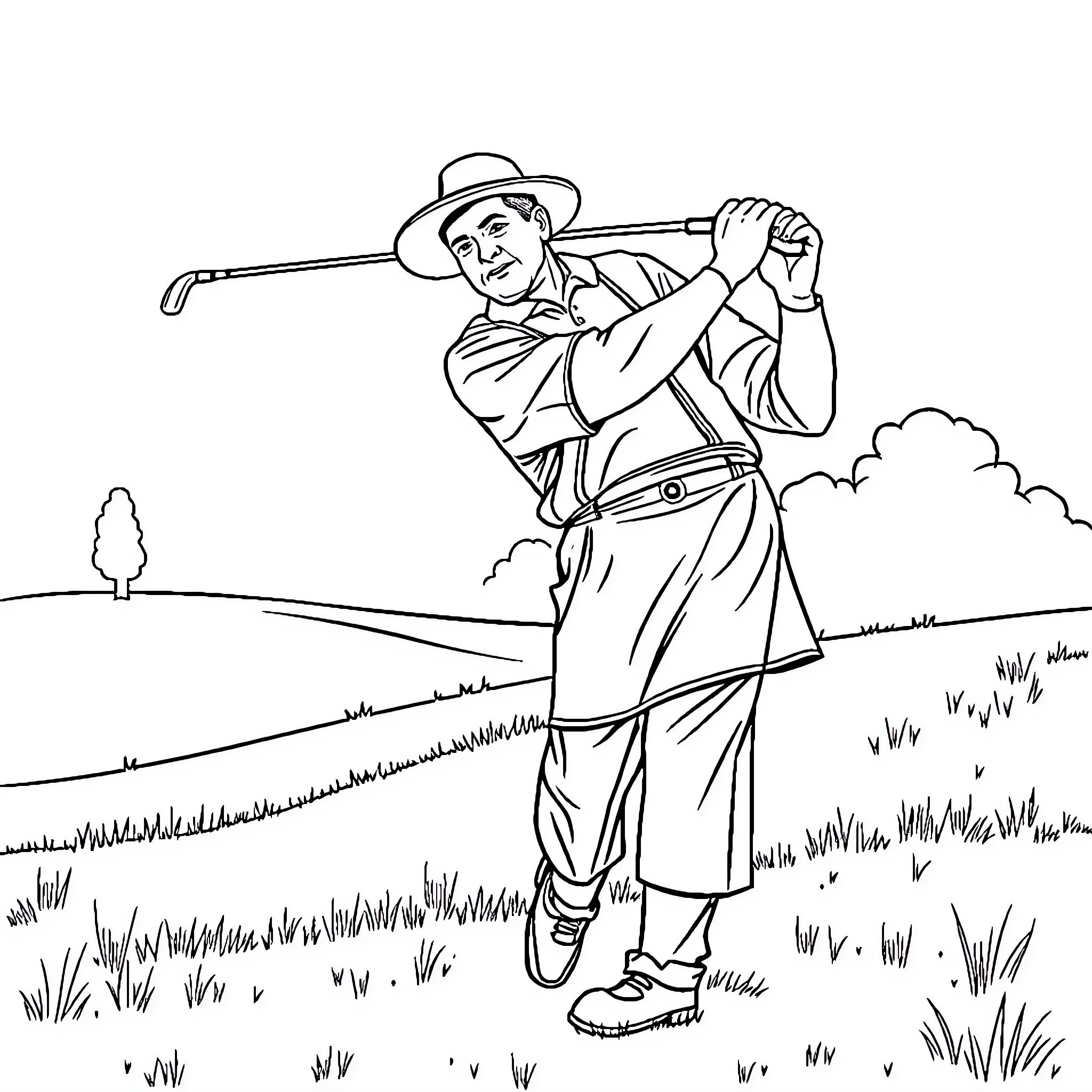 Hutterite man golfing in the countryside Coloring Page (free black-and-white line drawing printable PDF for all, from beginners to advanced learners, including children, teens, adults, and seniors)