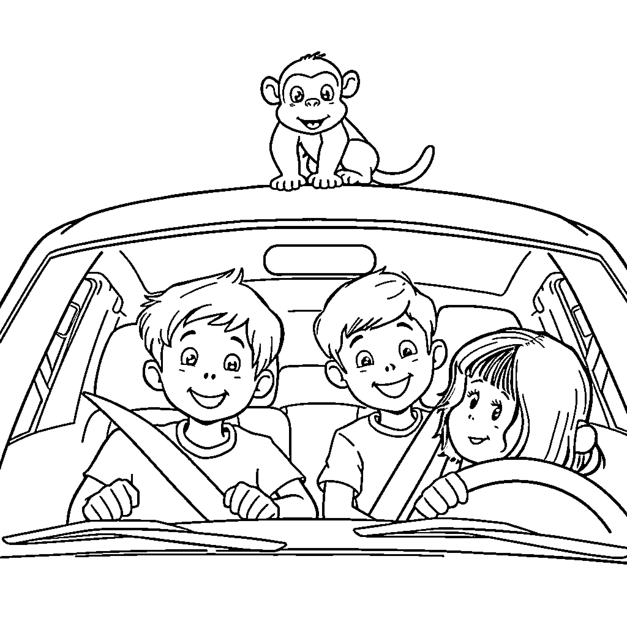 Car with Family and Playful Monkey Coloring Page (free black-and-white line drawing printable PDF for all, from beginners to advanced learners, including children, teens, adults, and seniors)