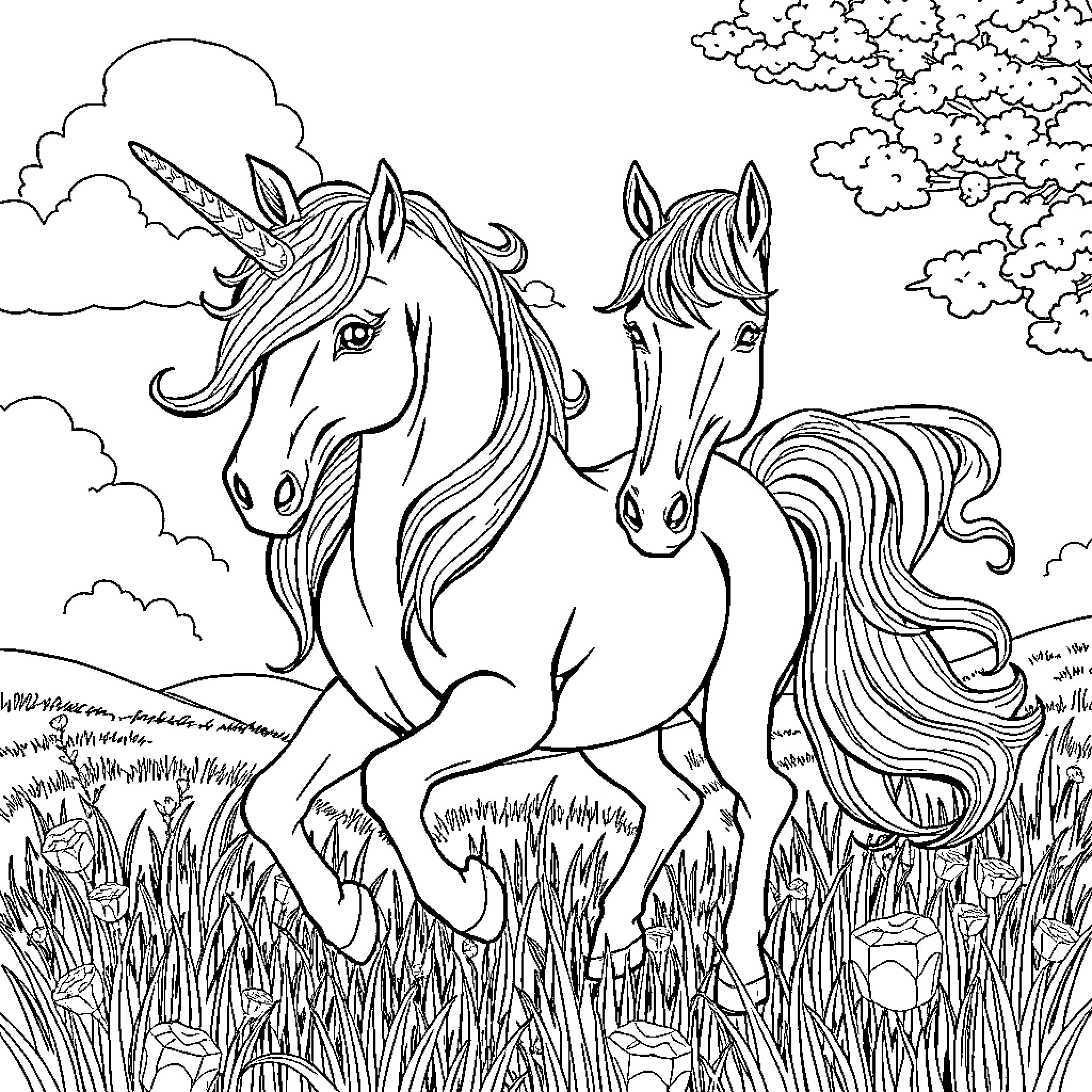 Unicorn Pair Frolicking in Grassy Field Coloring Page (free black-and-white line drawing printable PDF for all, from beginners to advanced learners, including children, teens, adults, and seniors)