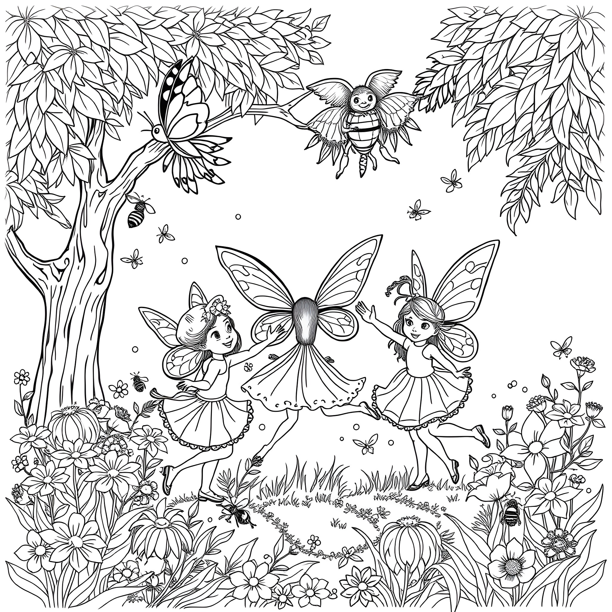 Fairy Creatures Dancing in Enchanted Forest Coloring Page (free black-and-white line drawing printable PDF for all, from beginners to advanced learners, including children, teens, adults, and seniors)