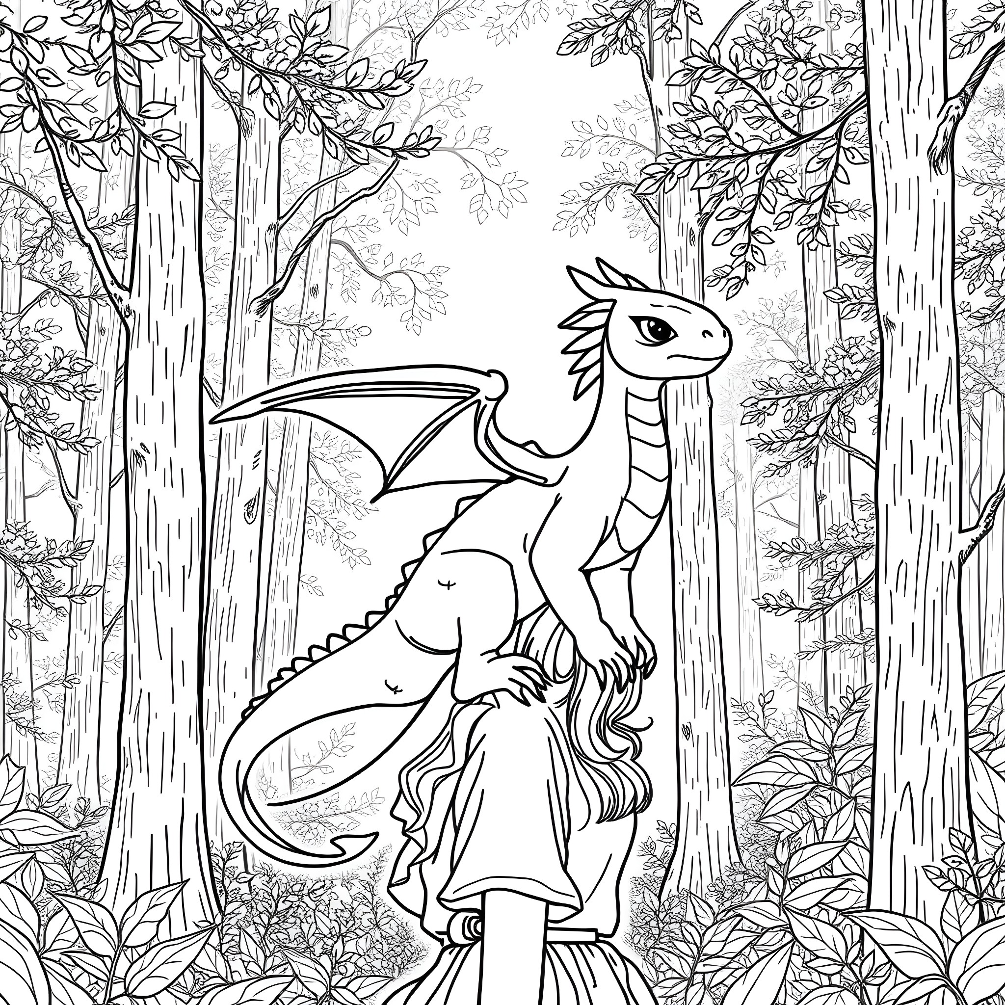 Dragon exploring the enchanted forest Coloring Page (free black-and-white line drawing printable PDF for all, from beginners to advanced learners, including children, teens, adults, and seniors)