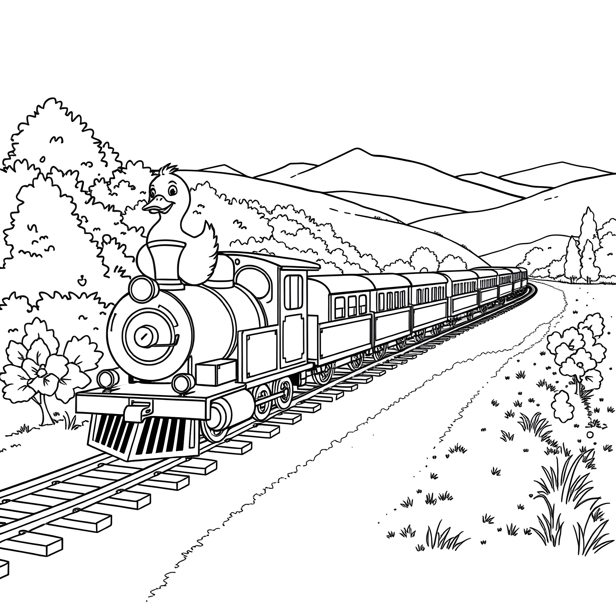 Duck riding a scenic train through the countryside Coloring Page (free black-and-white line drawing printable PDF for all, from beginners to advanced learners, including children, teens, adults, and seniors)