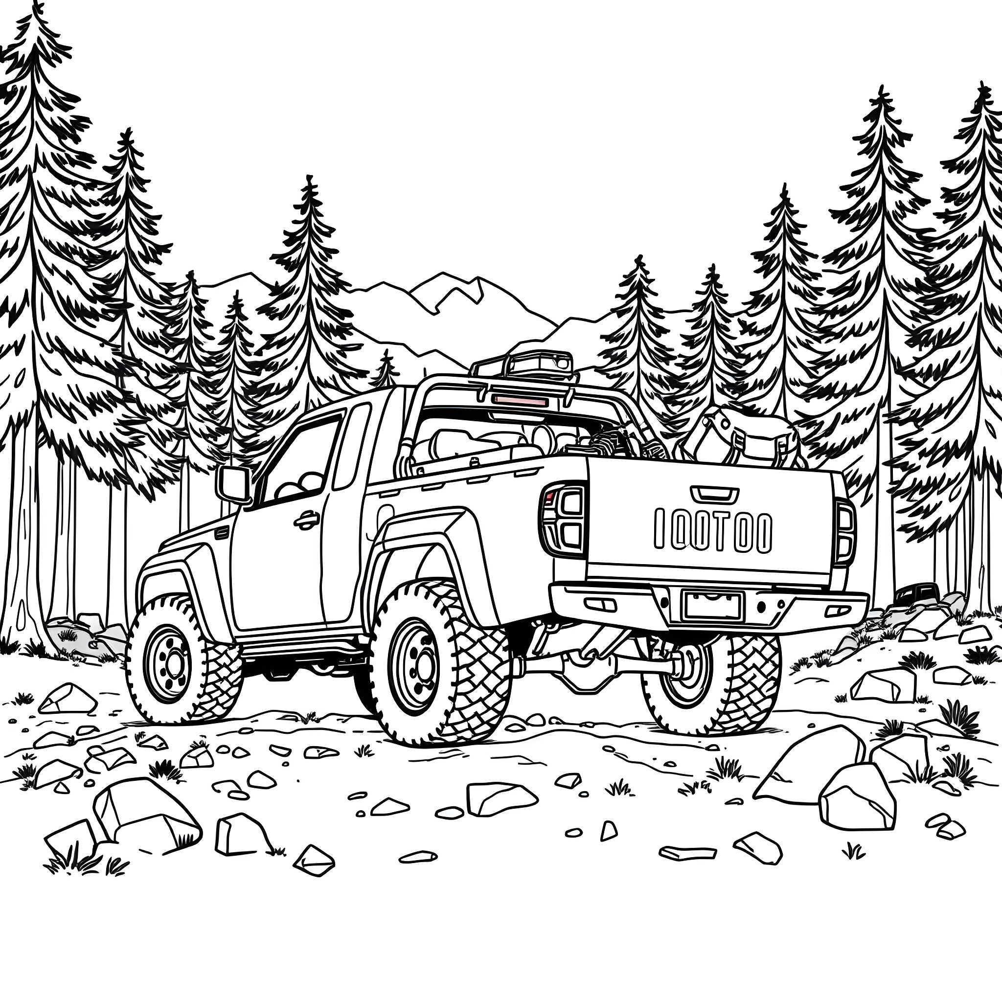 Pick Up Truck off-roading in the wilderness Coloring Page (free black-and-white line drawing printable PDF for all, from beginners to advanced learners, including children, teens, adults, and seniors)